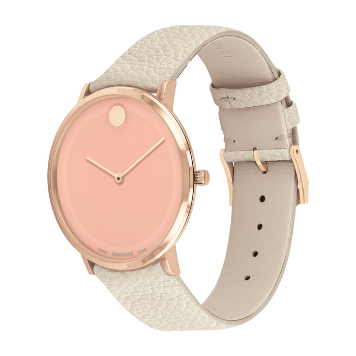 Movado Modern 47 rose gold case with coral dial and light beige leather strap watch