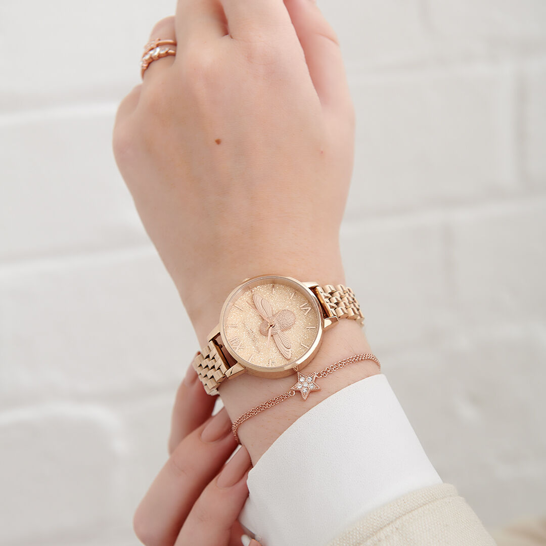 Olivia Burton Women s Glitter Bee 3D Bee Rose Gold Bracelet Watch