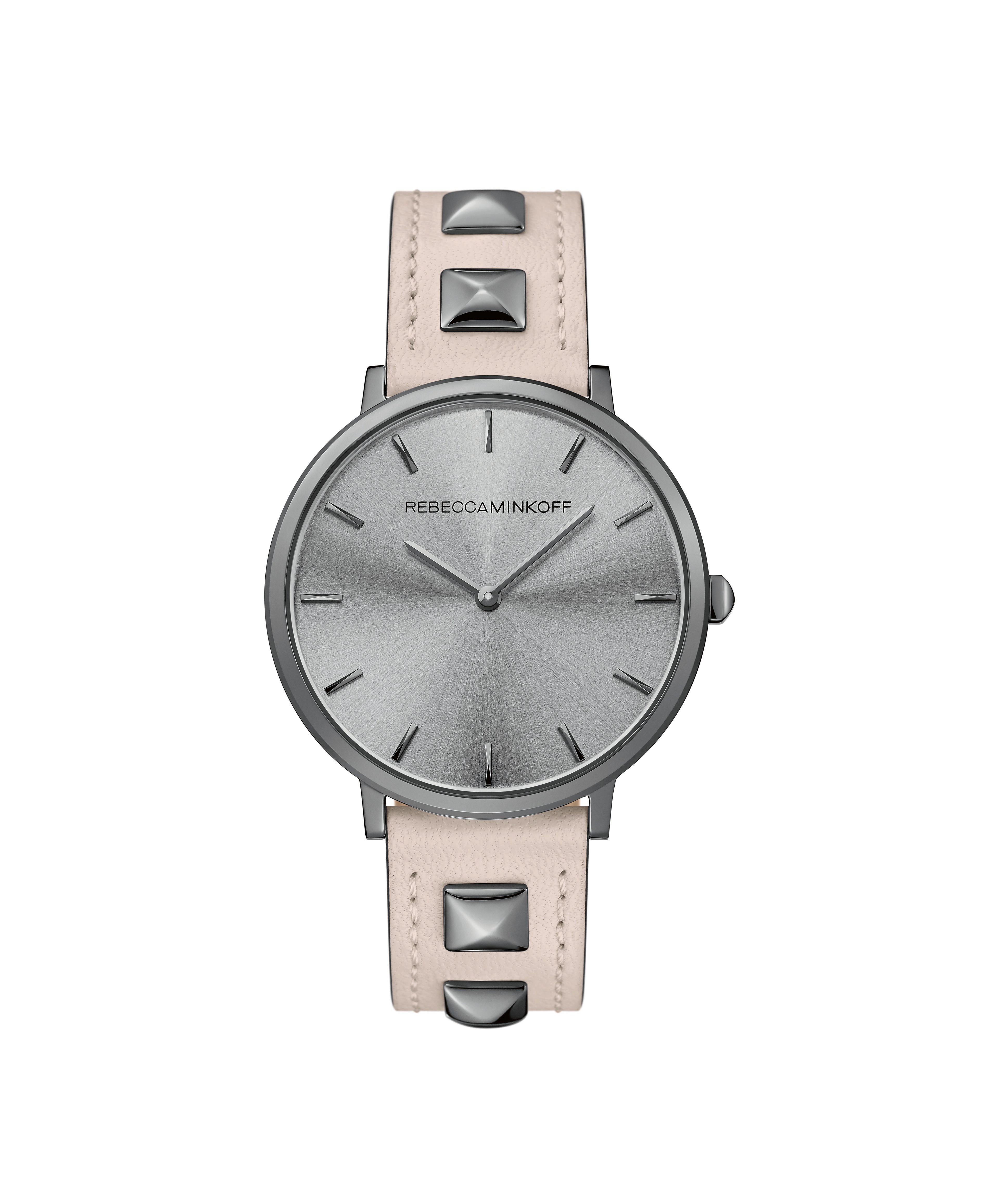 Minkoff Movado Company Store Major 35mm Gun IP Case with Soft Blush Custom Dipped Studded Leather Strap and Gun IP Sunray Dial