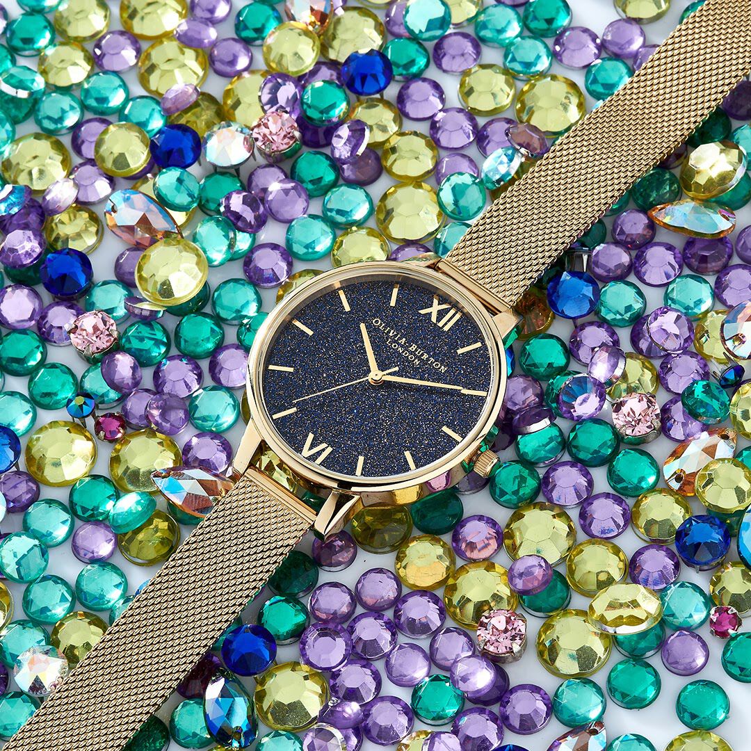 Olivia Burton Glitter Mesh Strap Watch 30mm Navy Glitter