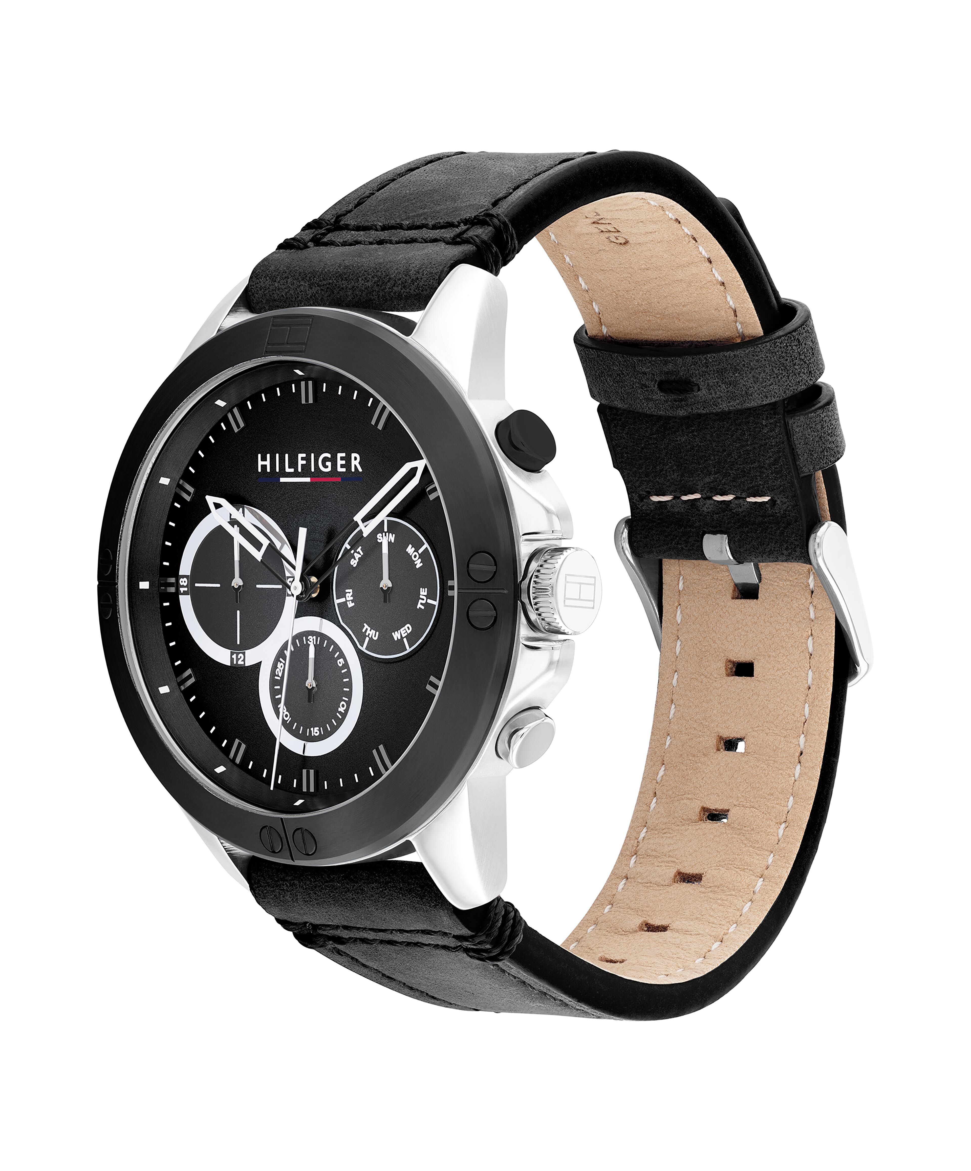 Tommy hilfiger black leather watch on sale