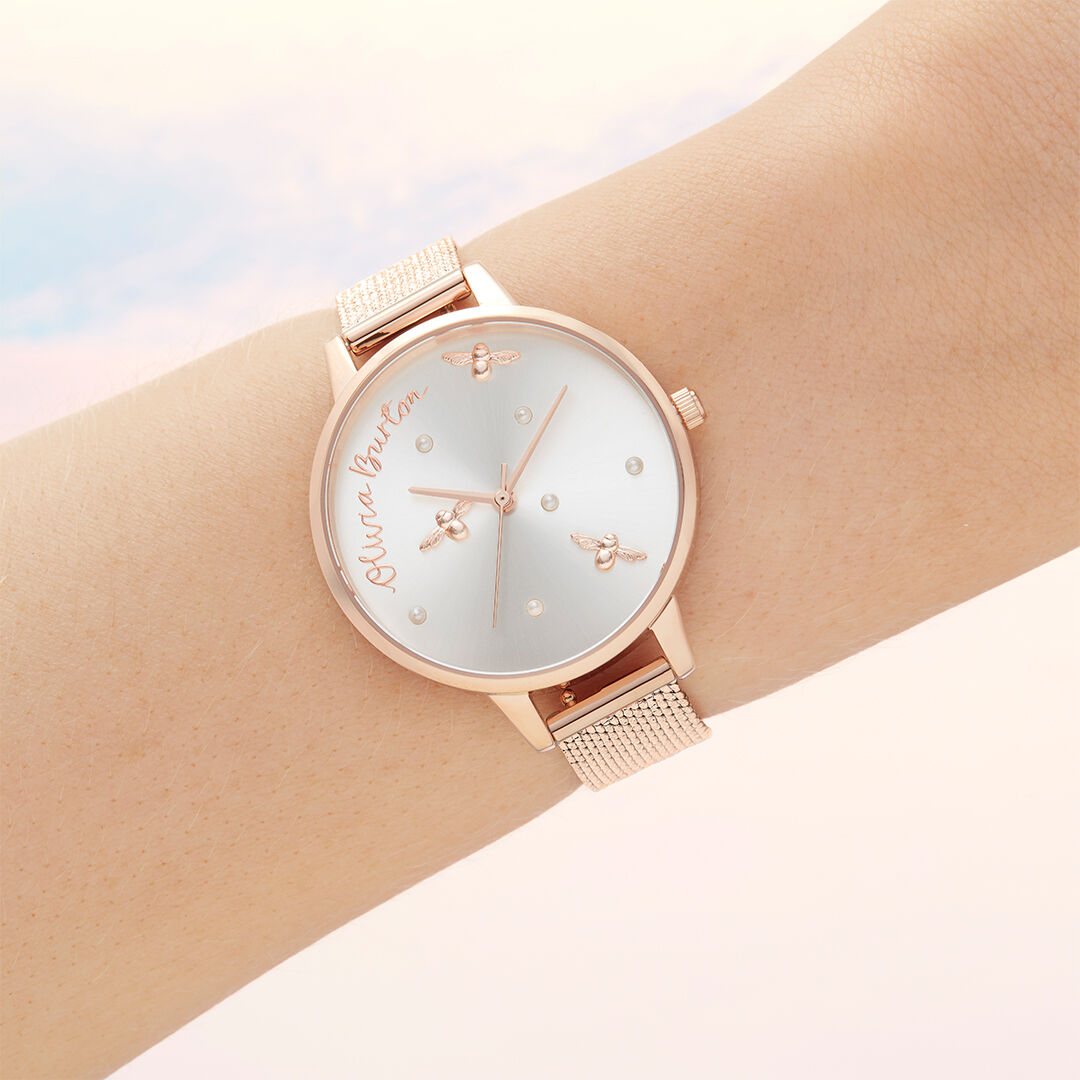Pearl Detail Rose Gold Mesh Olivia Burton London