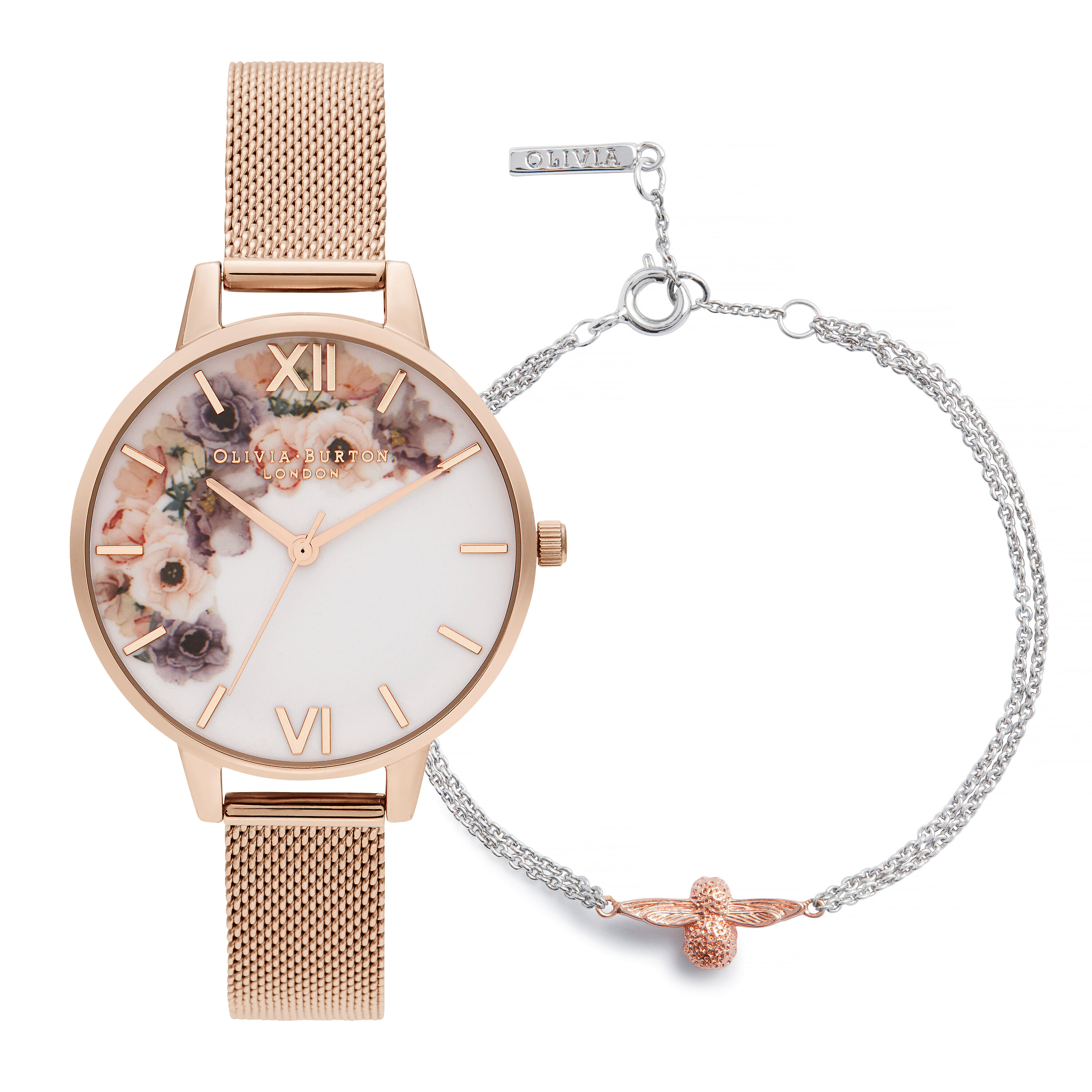 Olivia burton watercolour florals silver mesh hot sale