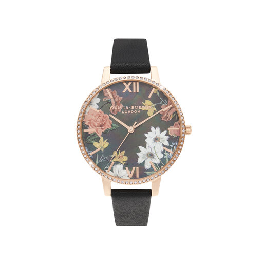 Big Mother Of Pearl Dial Black & Rose Gold Watch