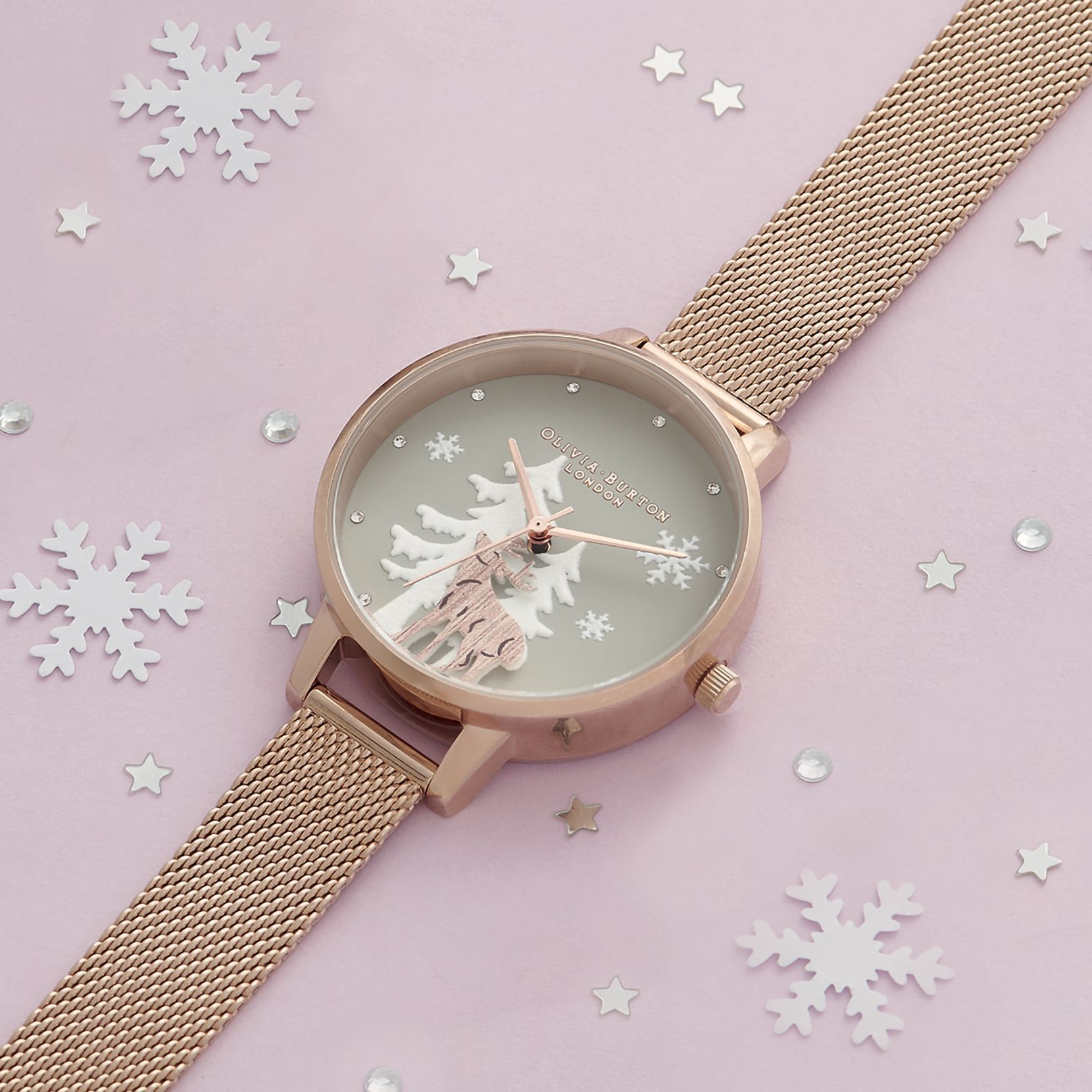Olivia Burton Movado Company Store Winter Wonderland Pale Rose Gold Mesh