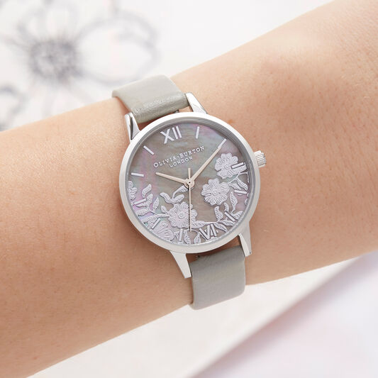 Olivia Burton Lace Detail Mother of Pearl Grey & Silver Watch