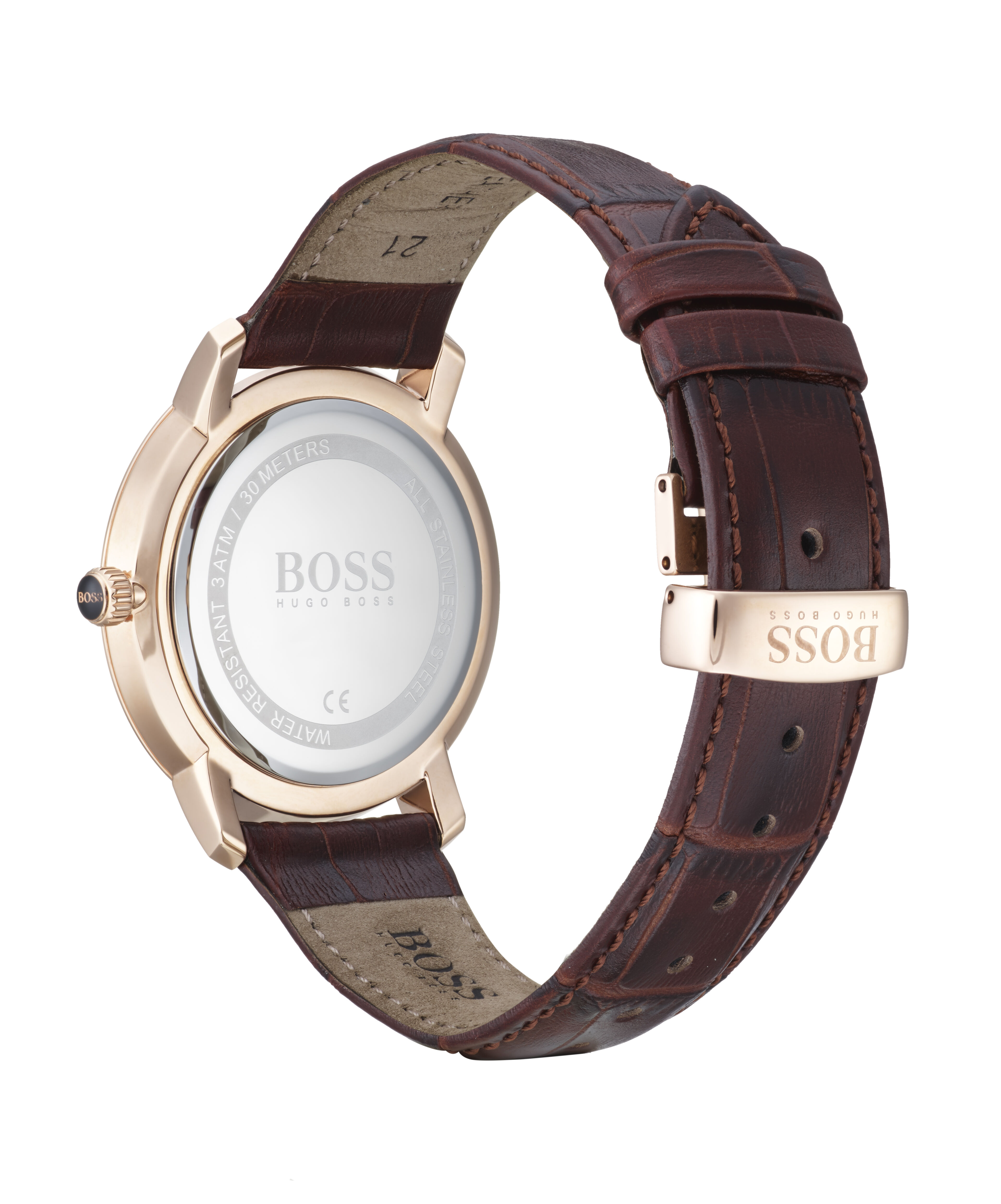 Hugo Boss Movado Company Store Premium Classic rose gold case blue dial and brown strap
