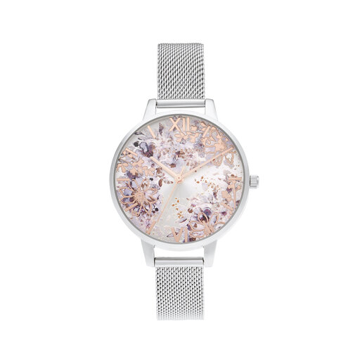 Abstract Floral Demi Silver & Rose Gold Mesh Watch