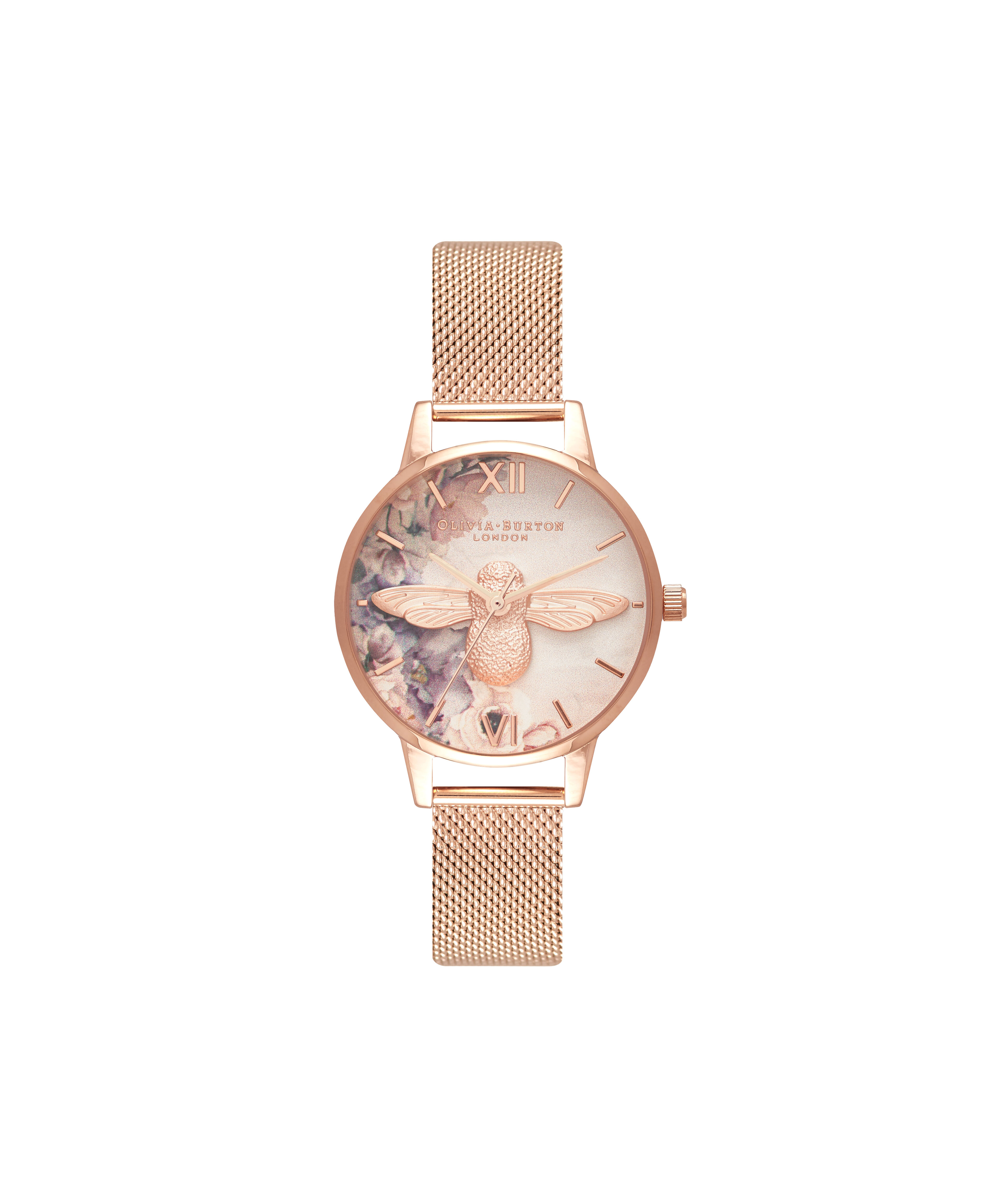 Ladies Watercolour Florals Rose Gold Mesh Olivia Burton London