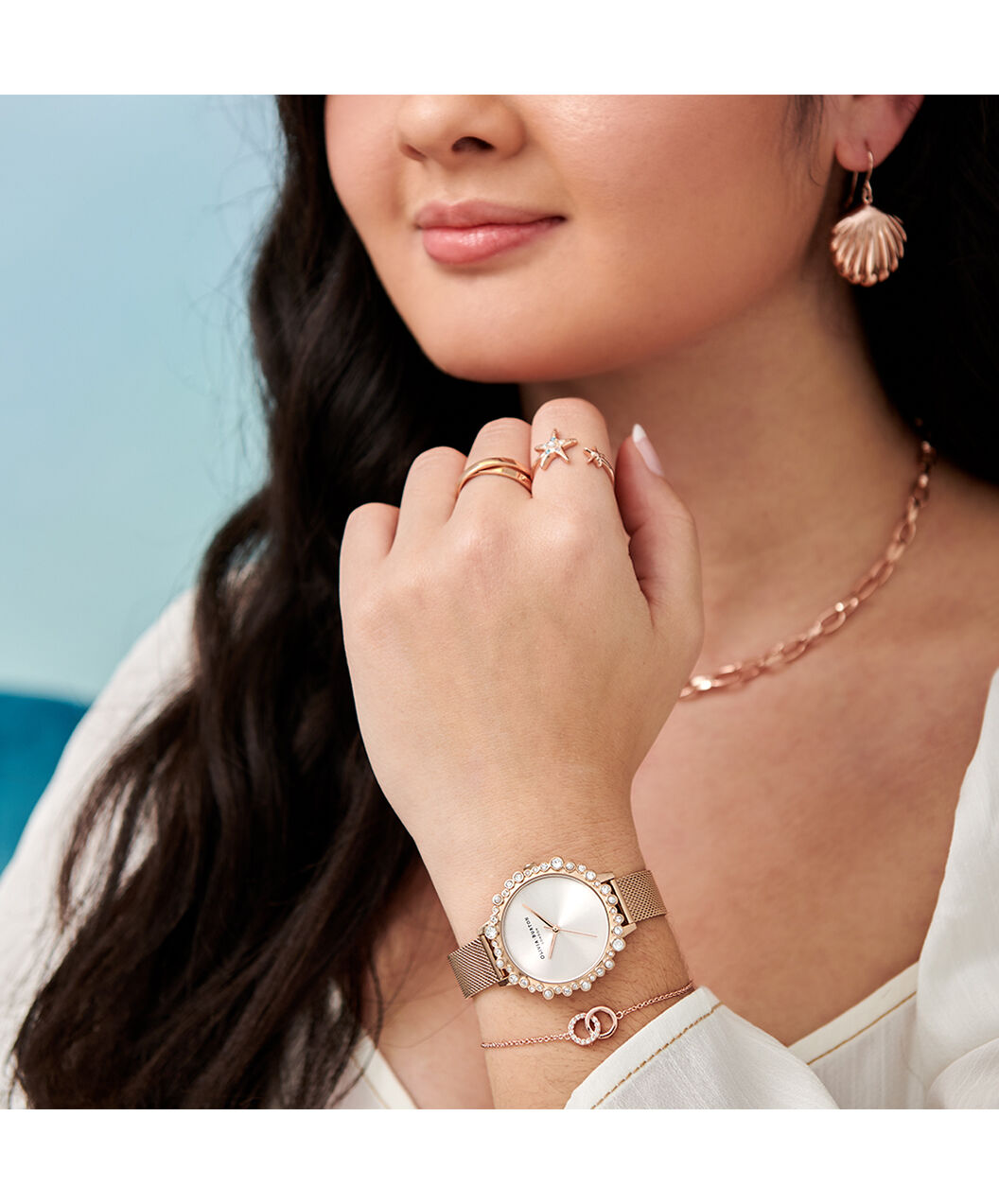 Bubble Case Midi Dial Pale Rose Gold Mesh Watch Olivia Burton London