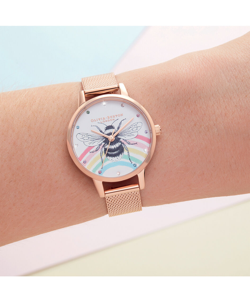 Illustrated Animals Rainbow Bee Rose Gold Mesh Olivia Burton London