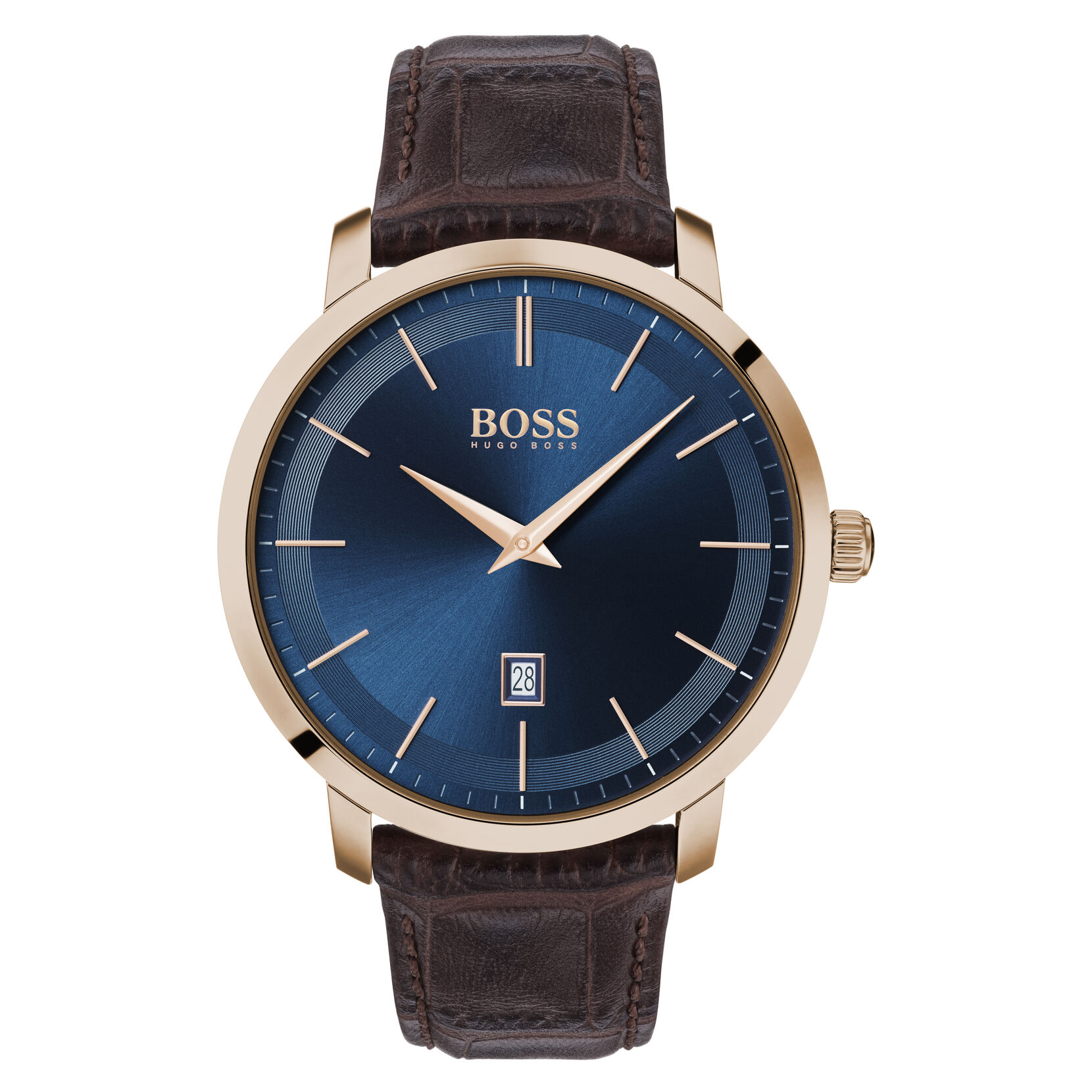 Hugo Boss | Movado Company Store | Premium Classic rose gold case, blue dial and brown strap