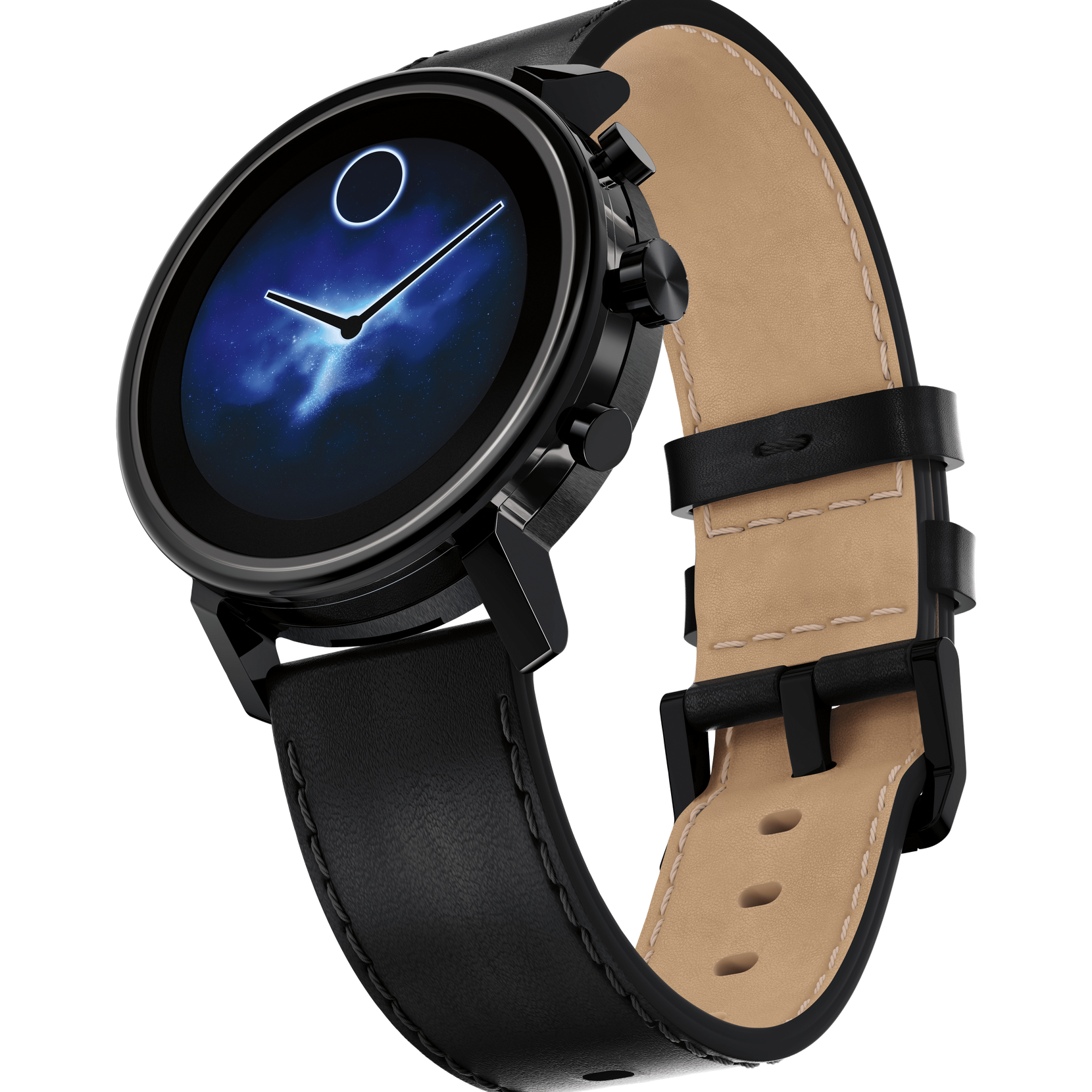 Movado Movado Connect 2.0 black PVD smart watch with black leather strap