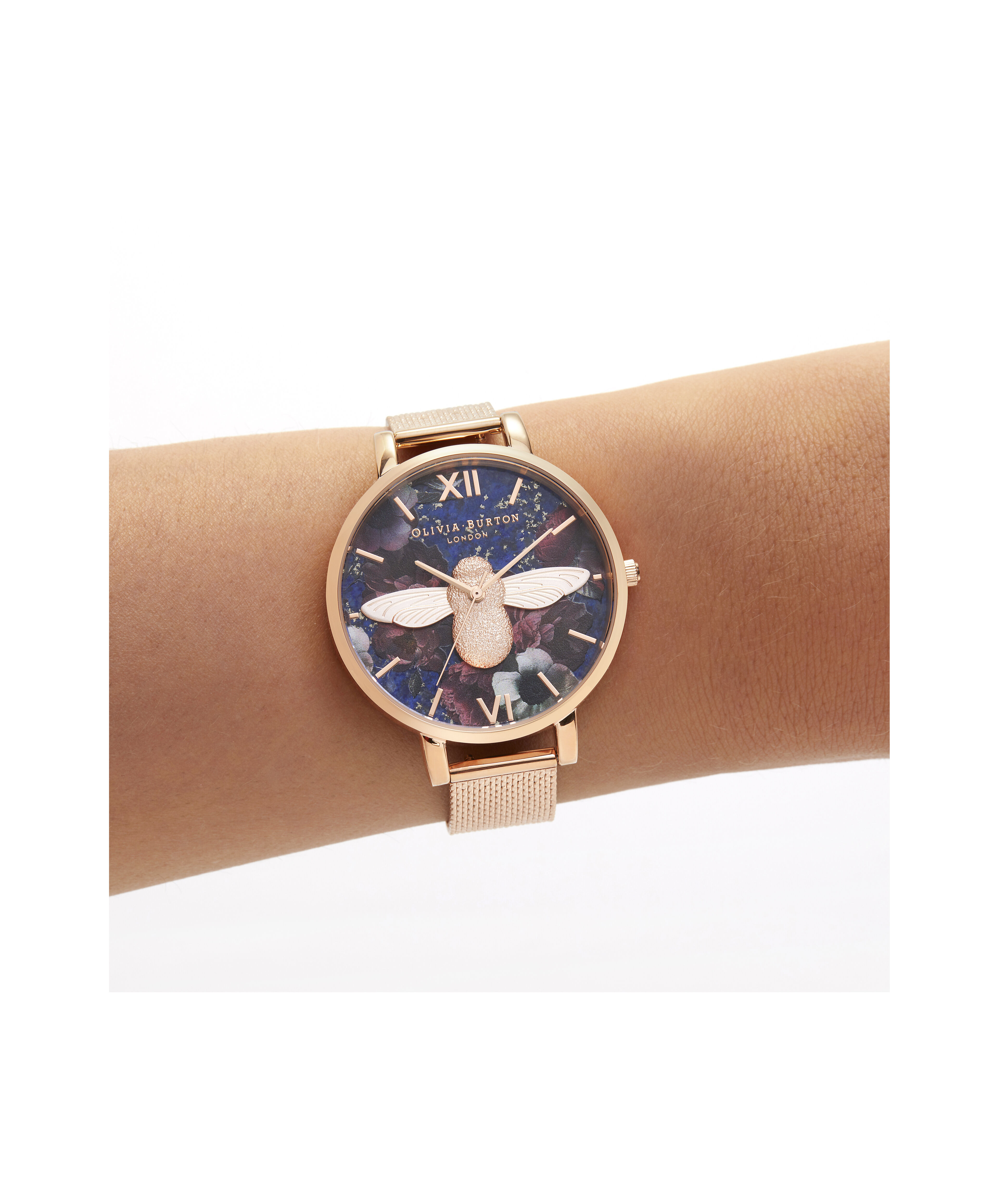 Big Dial 3D Bee Lapis Lazuli Rose Gold Boucle Mesh Olivia Burton London
