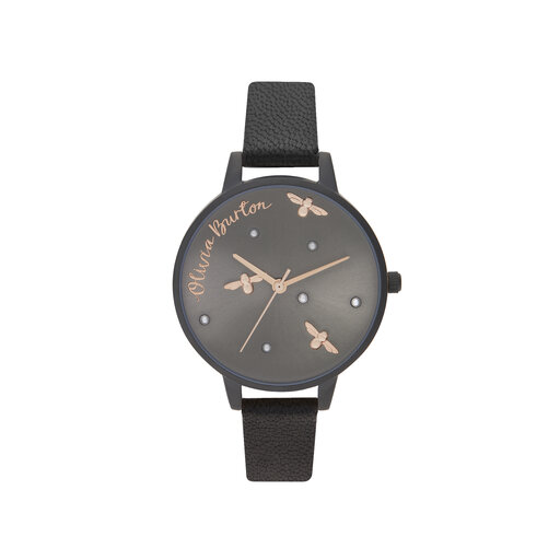 34mm Black & Black Leather Strap Watch