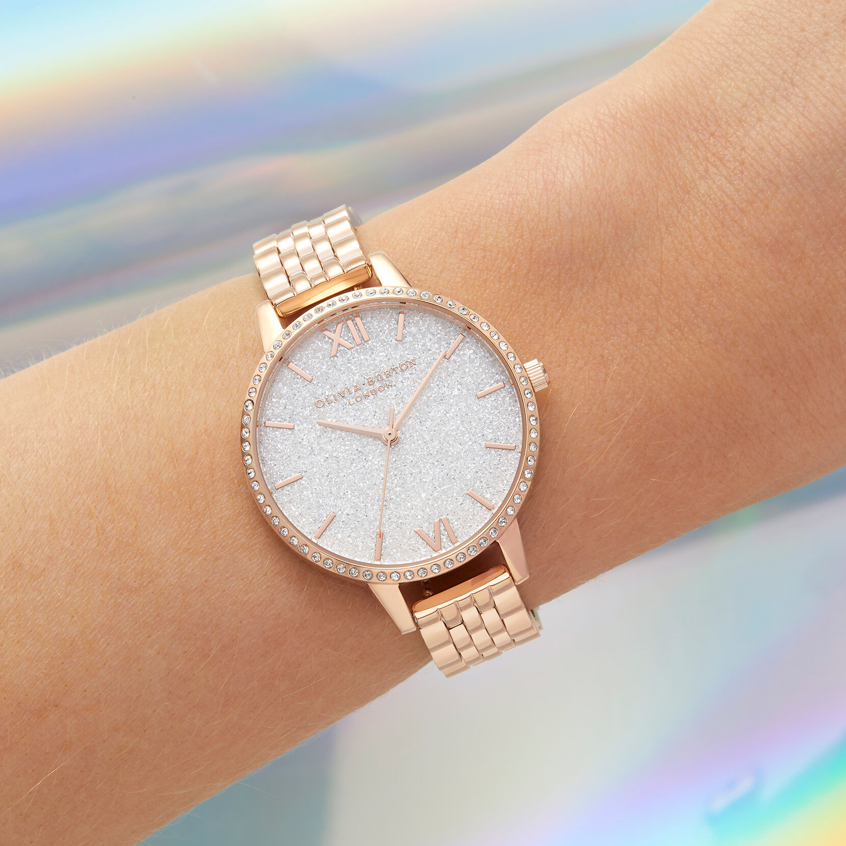 Glitter Dial 34mm White & Rose Gold Bracelet Watch | Olivia Burton London