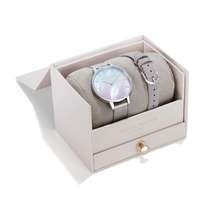 Ombre Mother Of Pearl Dial  Watch with Lilac Glitter Strap & Silver Mesh Strap Set