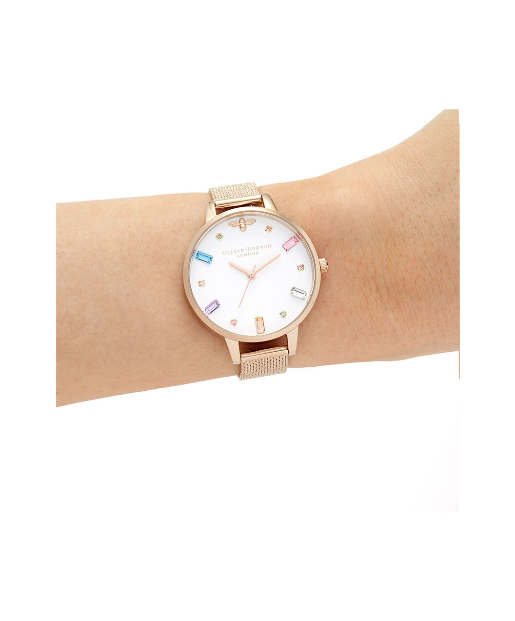 Ladies Rainbow Bee Pale Rose Gold Boucle Mesh Olivia Burton London