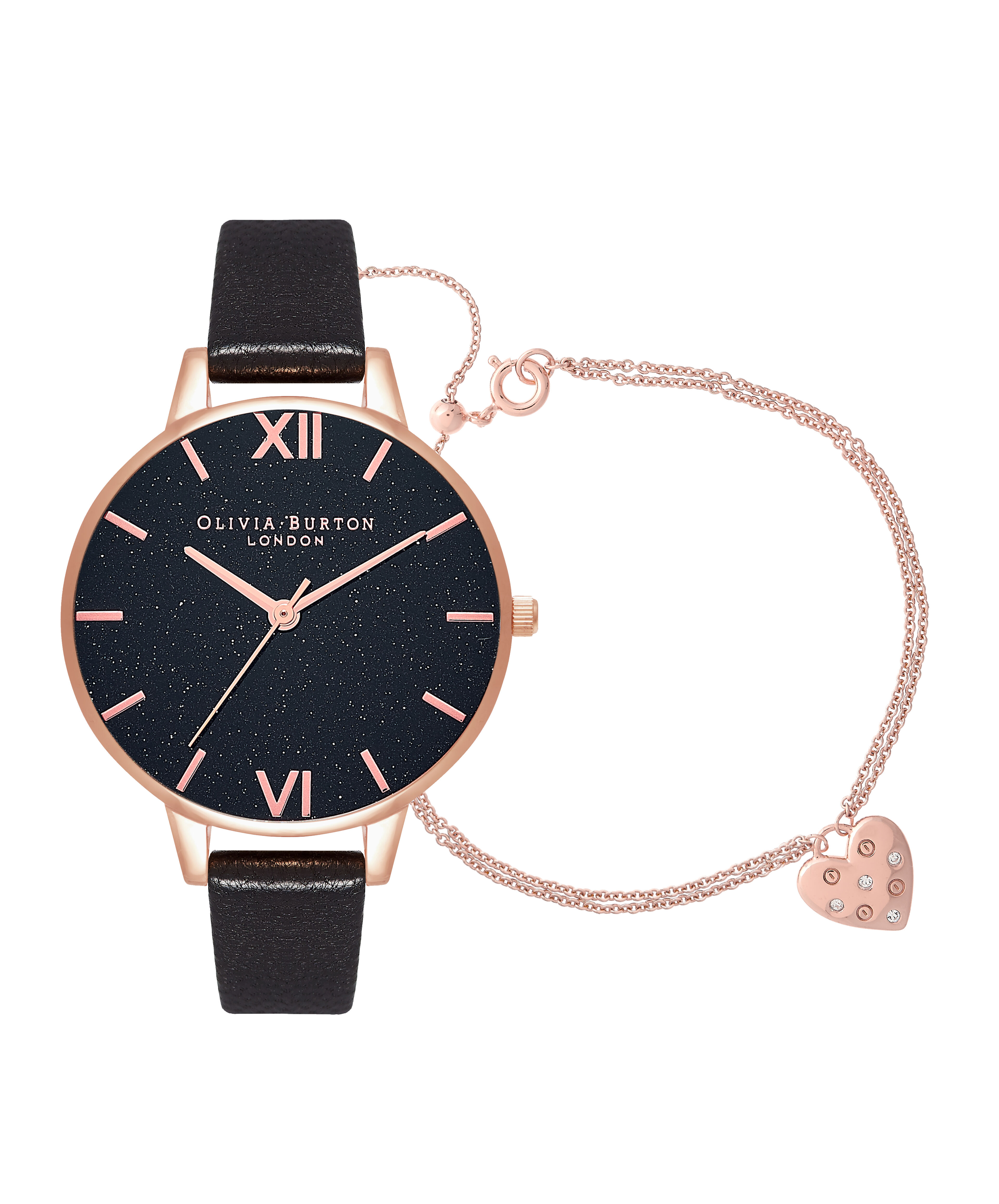 Glitter Dial 38mm Black Rose Gold Watch Classic Bracelet Gift Set Olivia Burton London