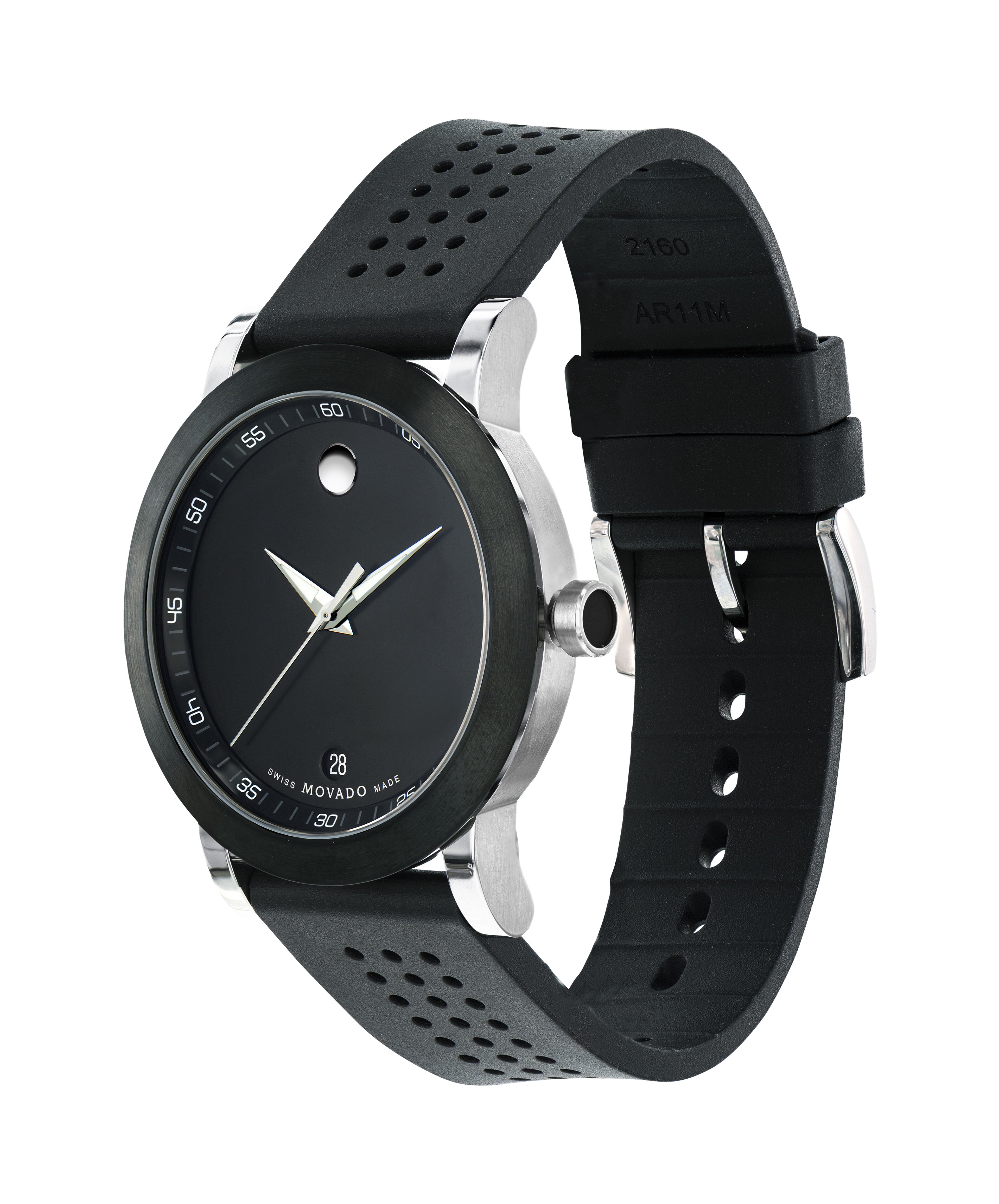 Movado Movado Company Store Movado Museum Men s perforated rubber strap watch with black dial