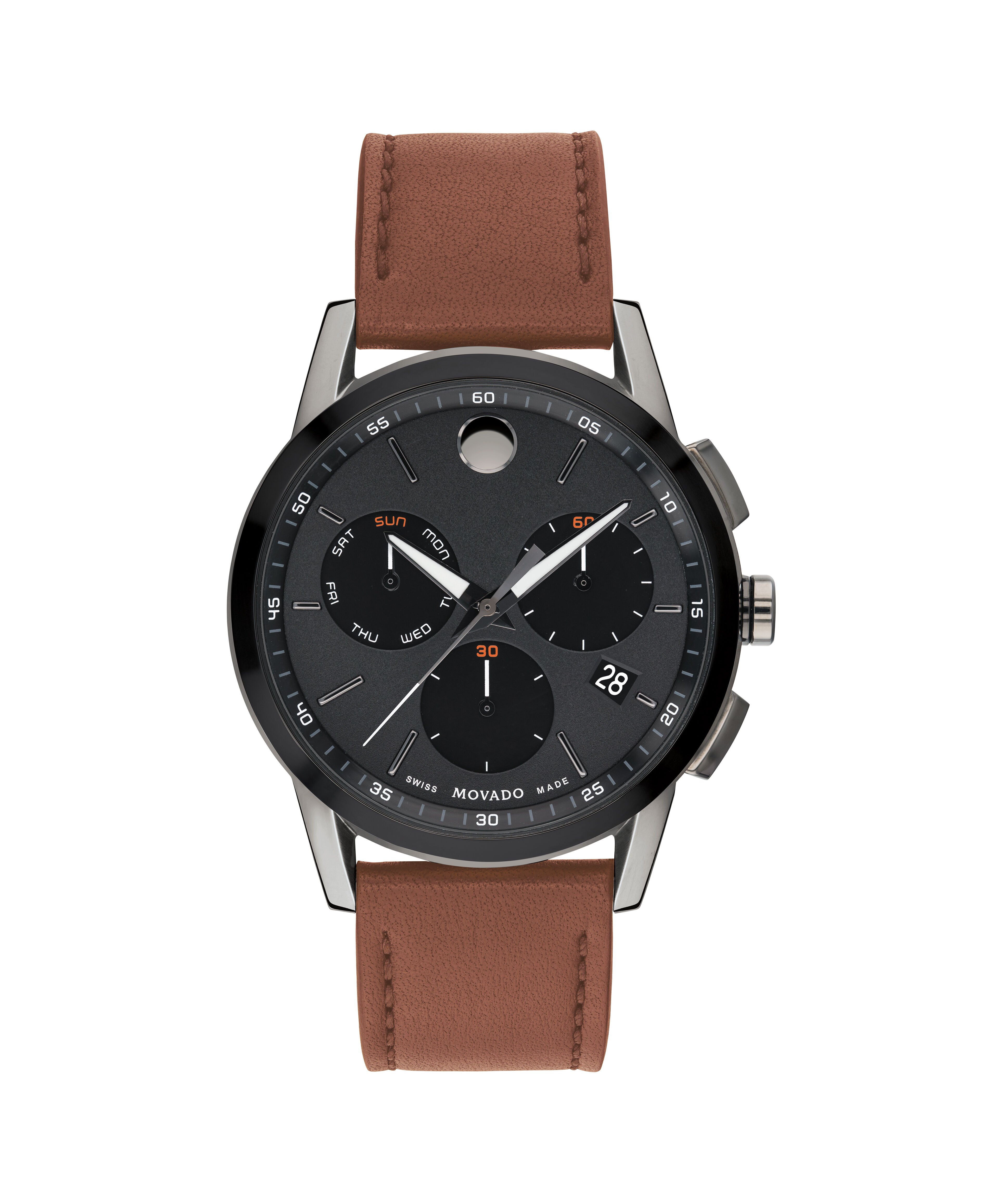 Movado Museum Sport Men s Black PVD Stainless Steel Watch With Cognac Strap