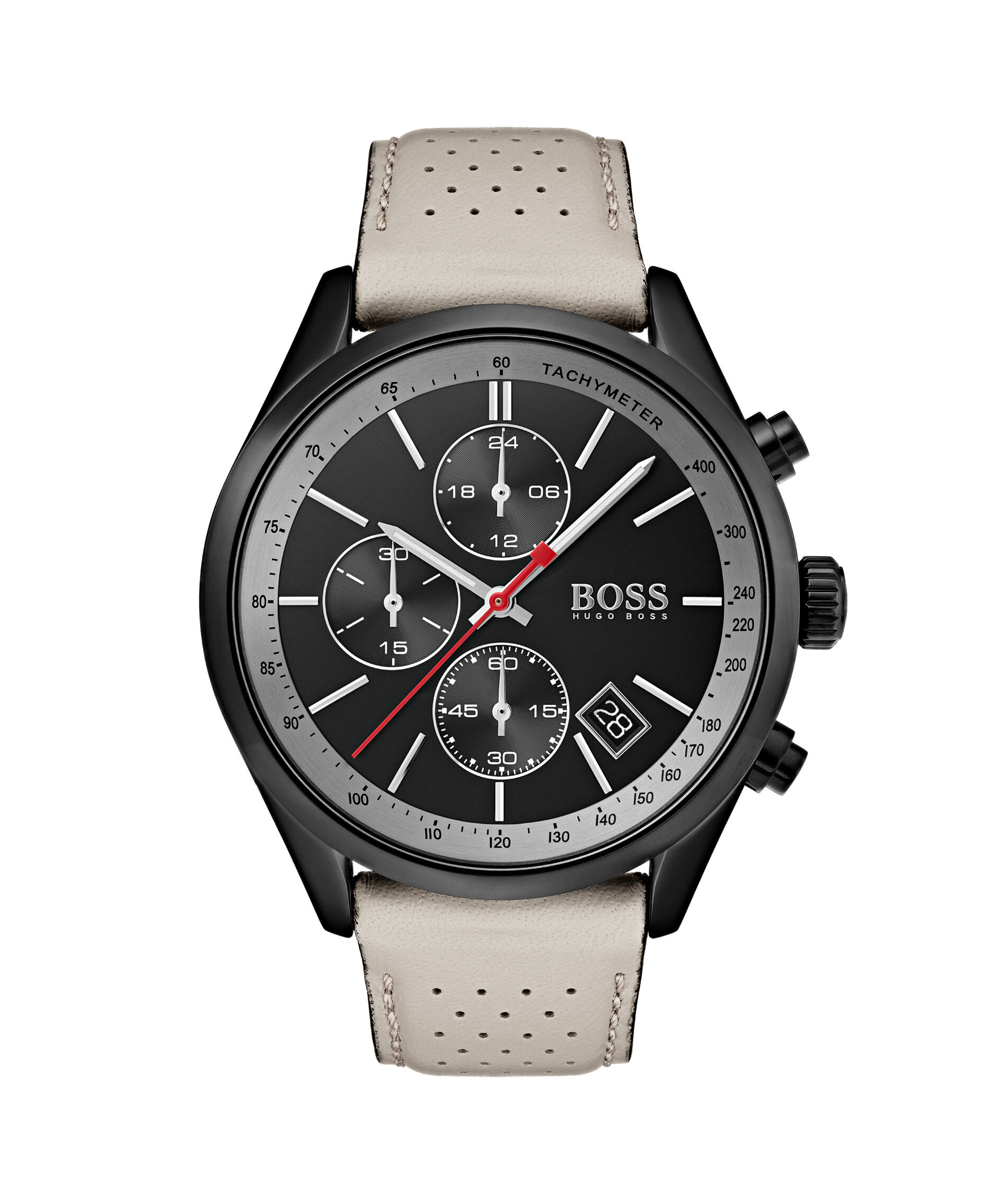 Hugo Boss Movado Company Store Grand Prix black case dial and beige strap