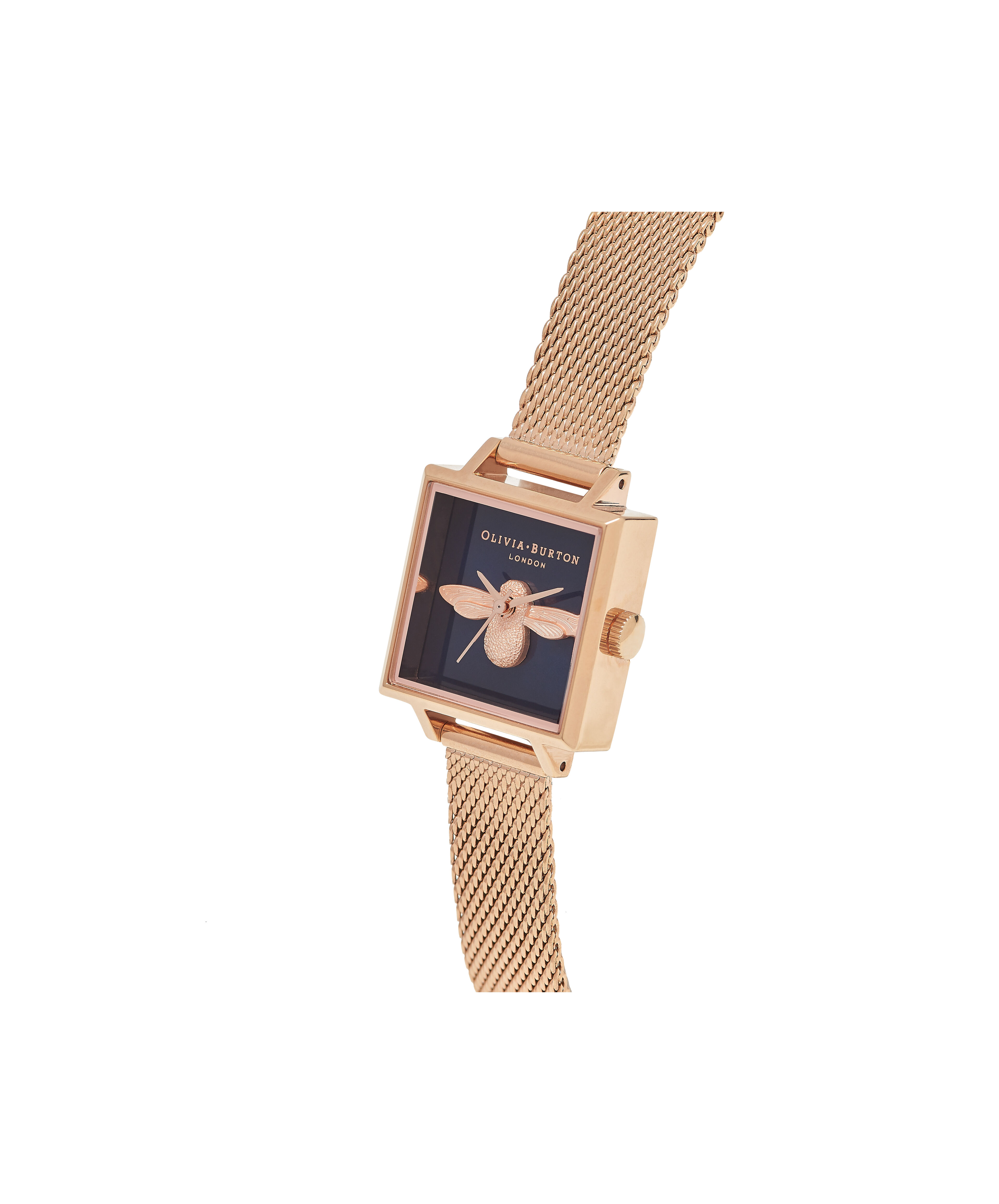 Square Dial 3D Bee Midnight Rose Gold Mesh Watch Olivia Burton London