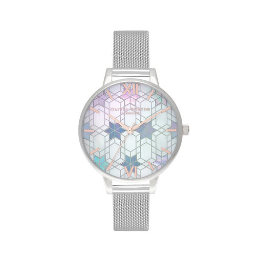 34mm White & Silver Mesh Watch