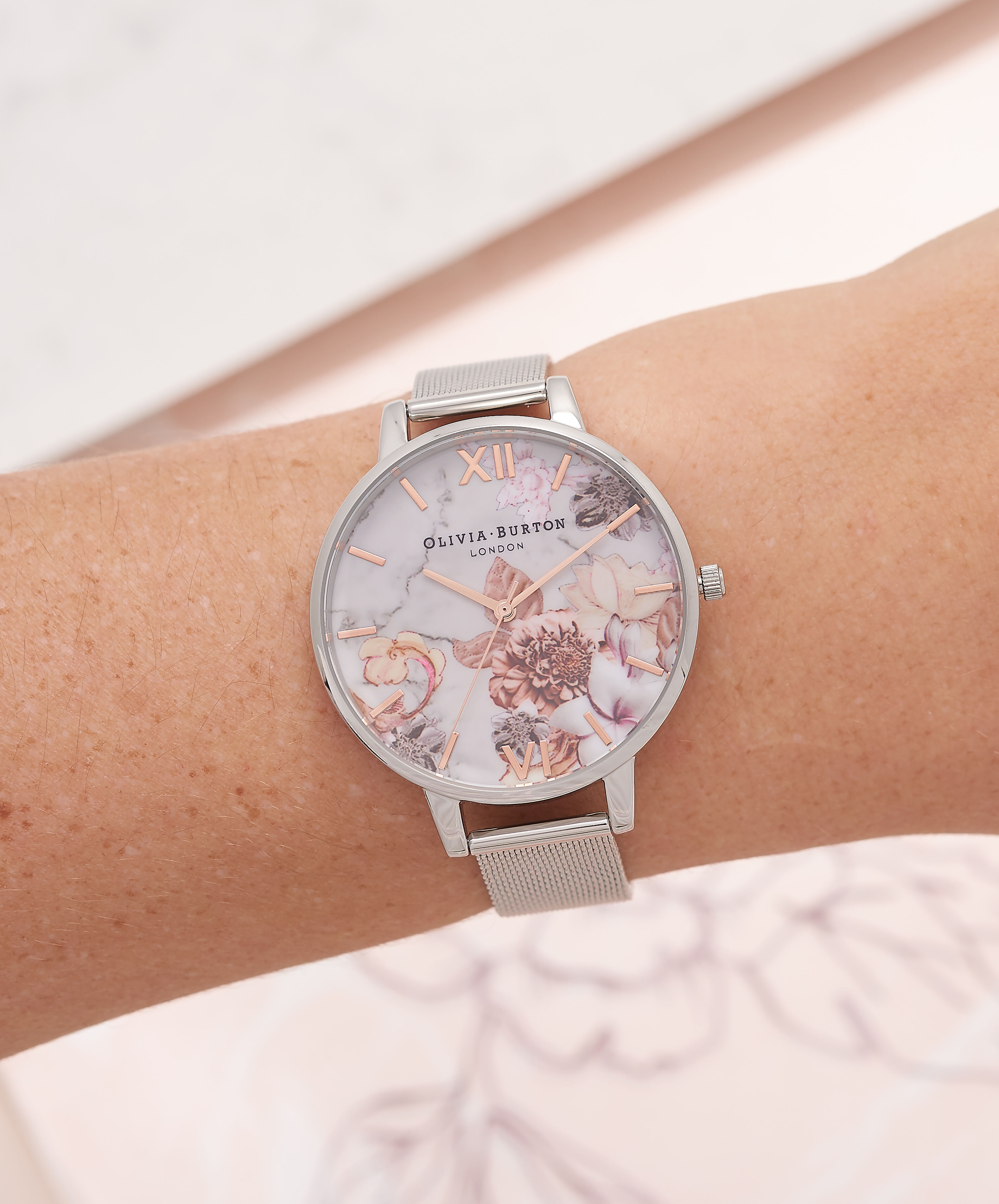 Ladies Marble Floral Rose Gold Silver Mesh Watch Olivia Burton