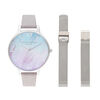 Ombre Mother Of Pearl Dial  Watch with Lilac Glitter Strap & Silver Mesh Strap Set