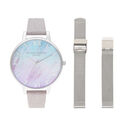 Ombre Mother Of Pearl Dial  Watch with Lilac Glitter Strap & Silver Mesh Strap Set