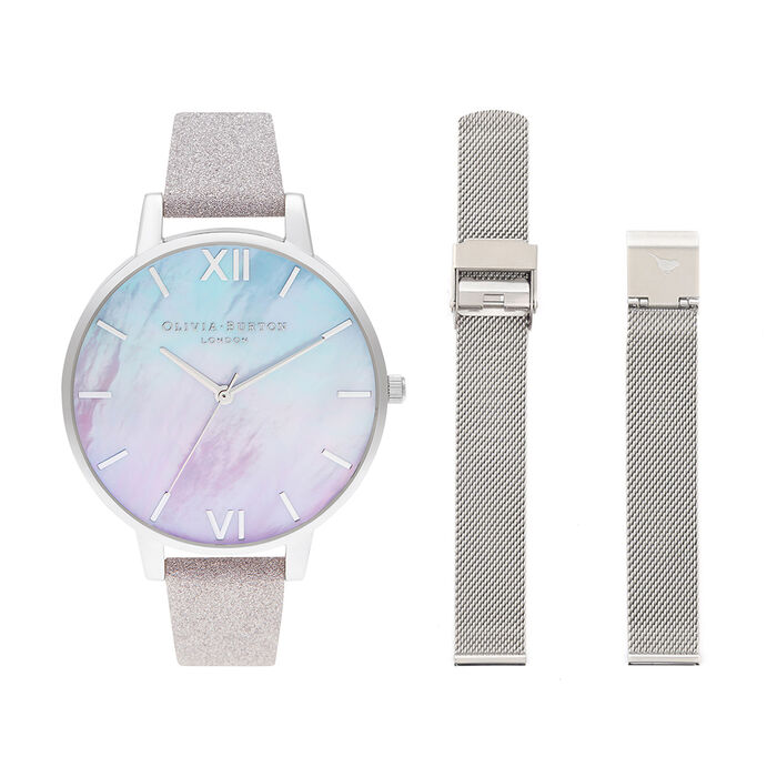 Ombre Mother Of Pearl Dial  Watch with Lilac Glitter Strap & Silver Mesh Strap Set
