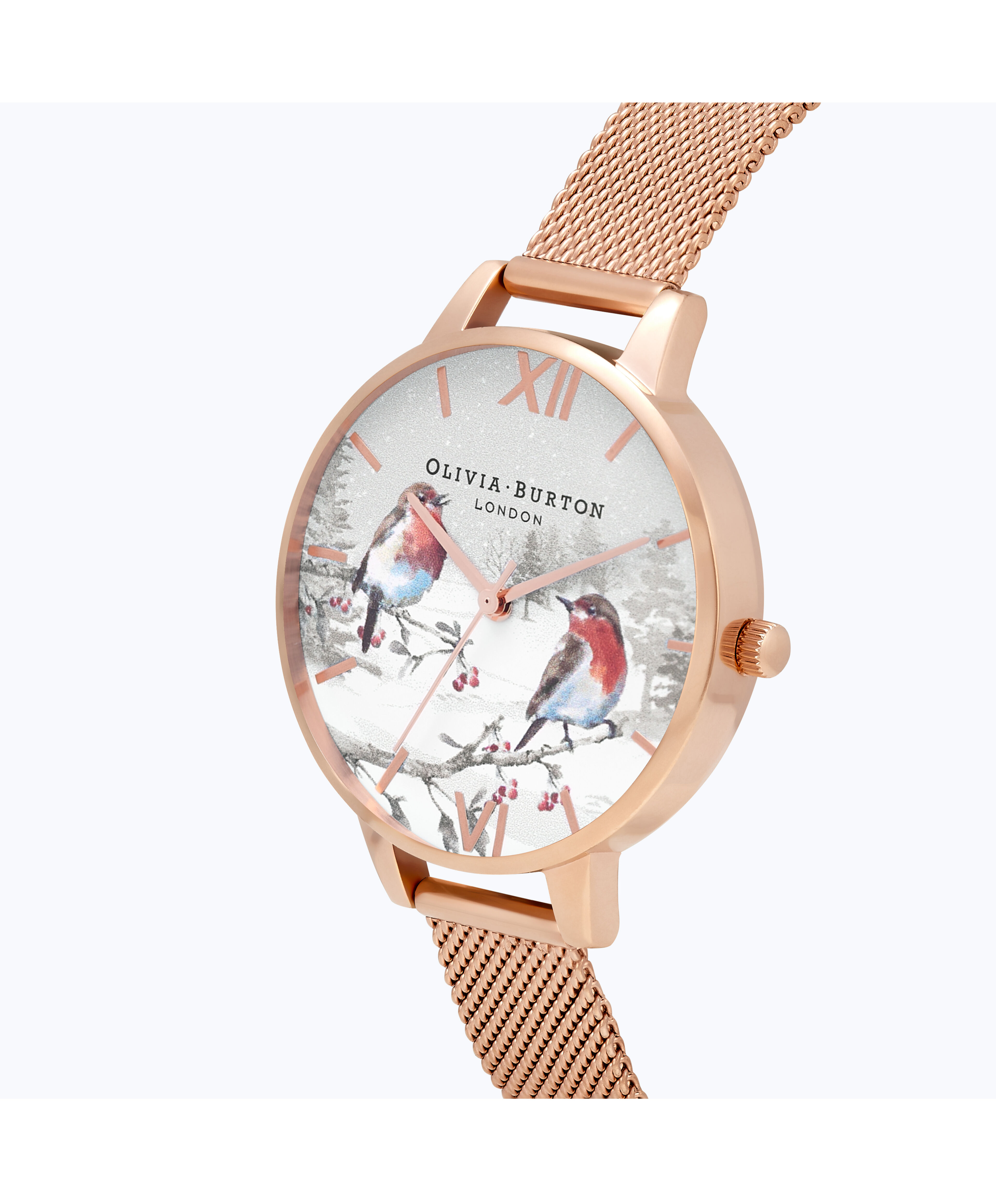 Winter Wonderland 34mm White Rose Gold Mesh Watch Olivia Burton London