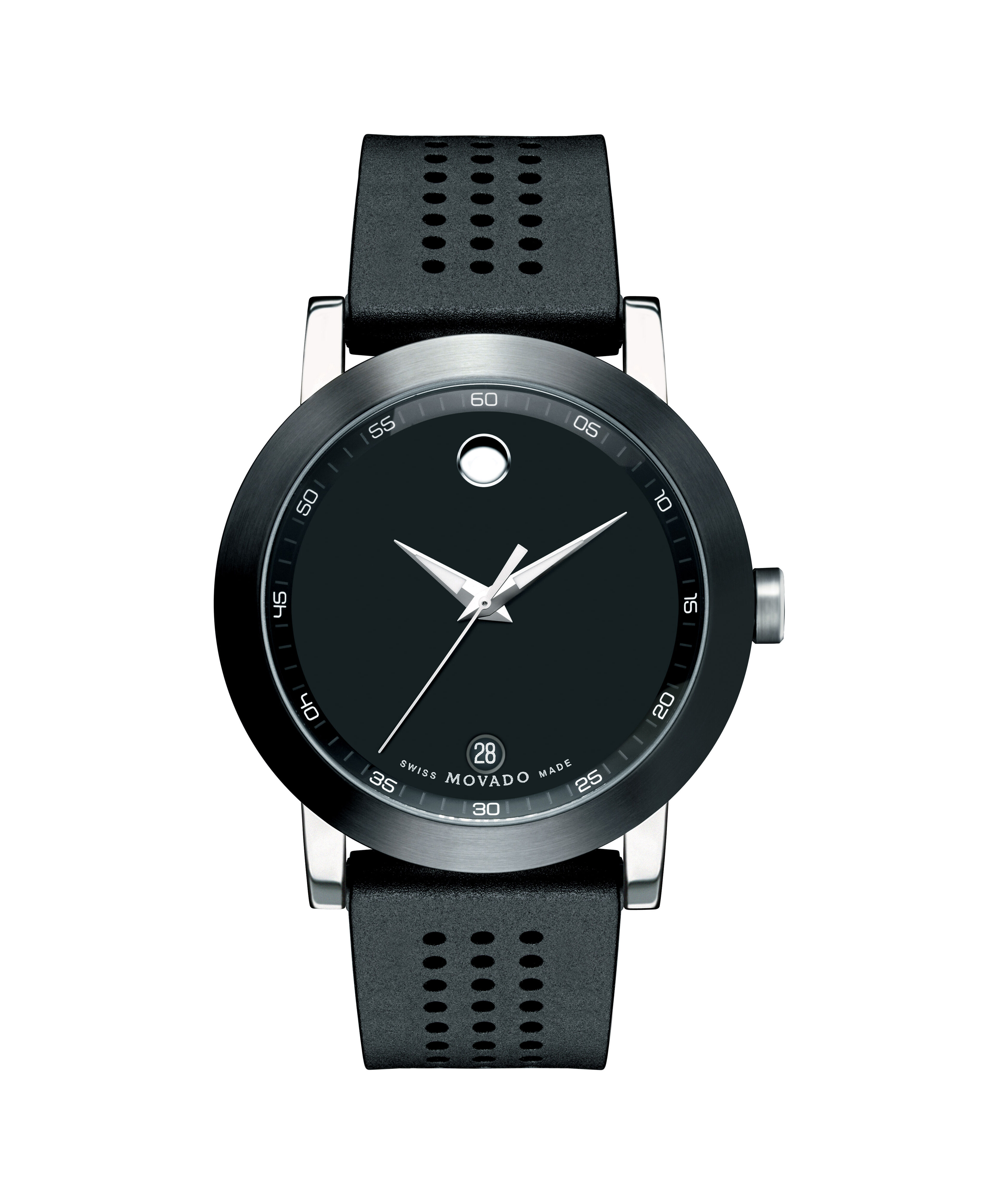 Movado Movado Company Store Movado Museum Men s perforated rubber strap watch with black dial