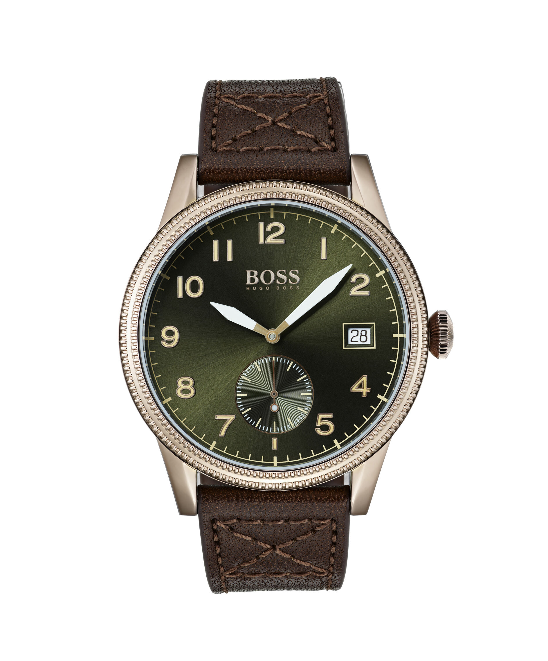 Hugo Boss Movado Company Store Legacy coffee brown case green dial and brown strap