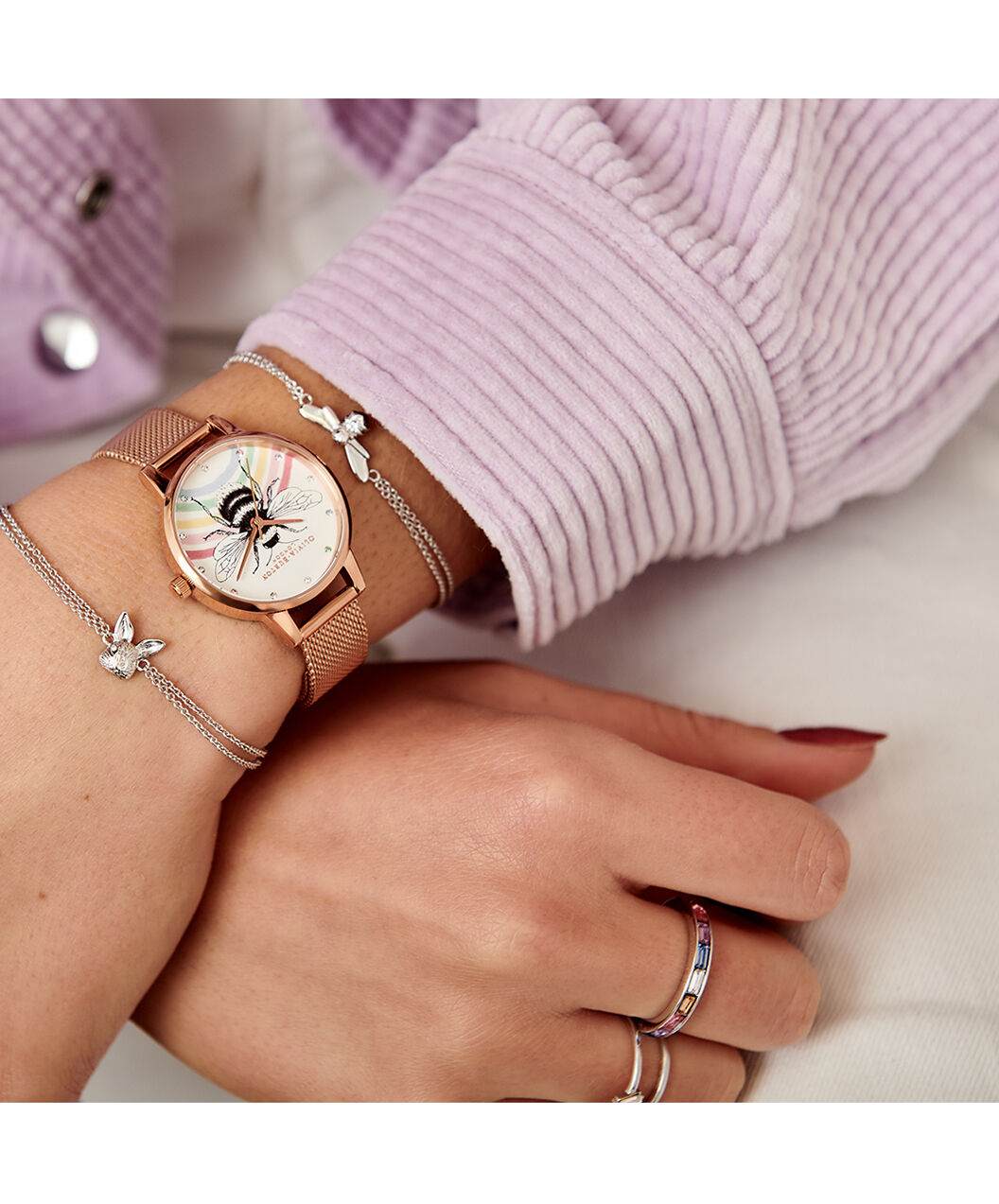 Illustrated Animals Rainbow Bee Rose Gold Mesh Olivia Burton London