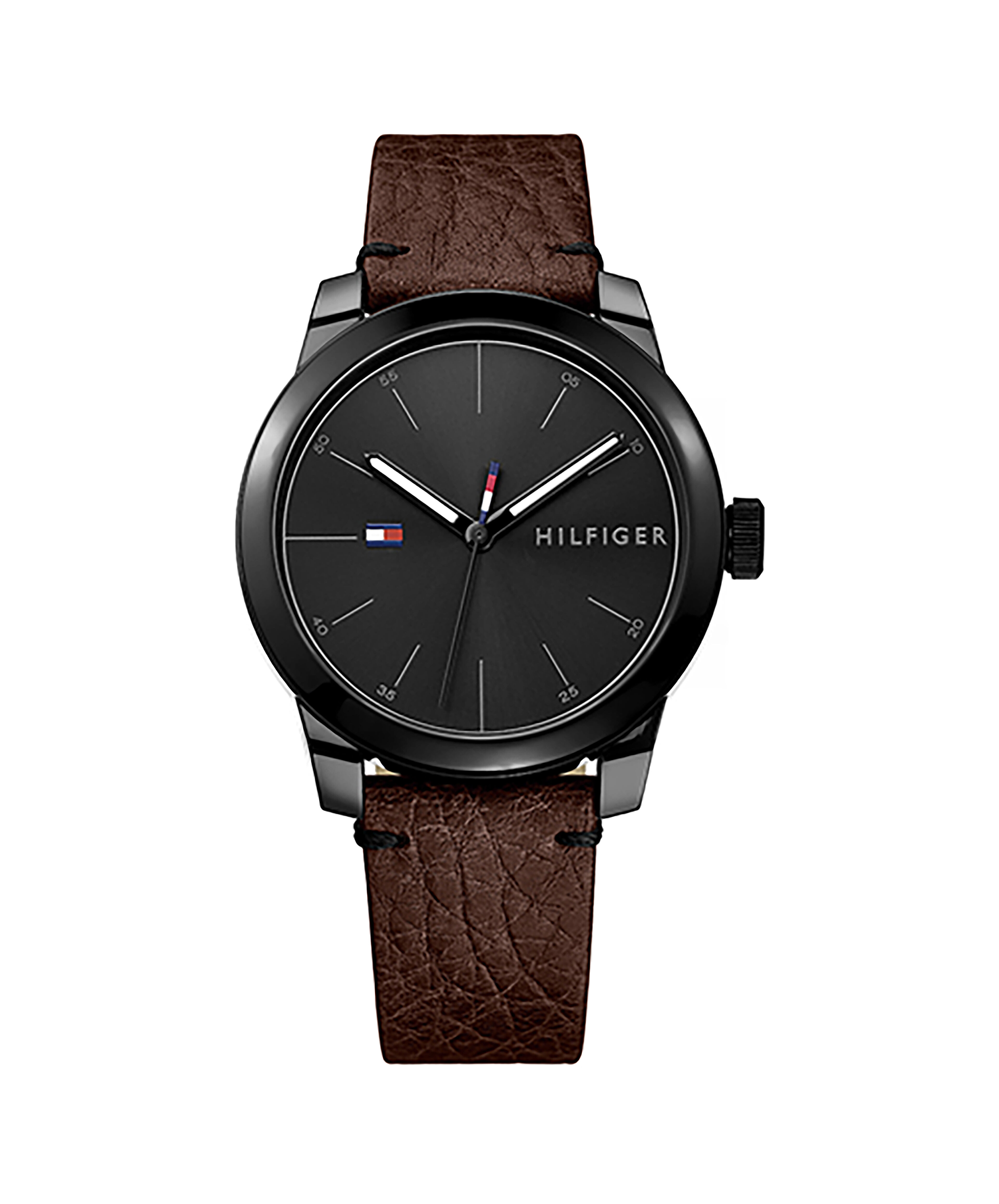 Tommy hilfiger men's black top leather strap watch 42mm