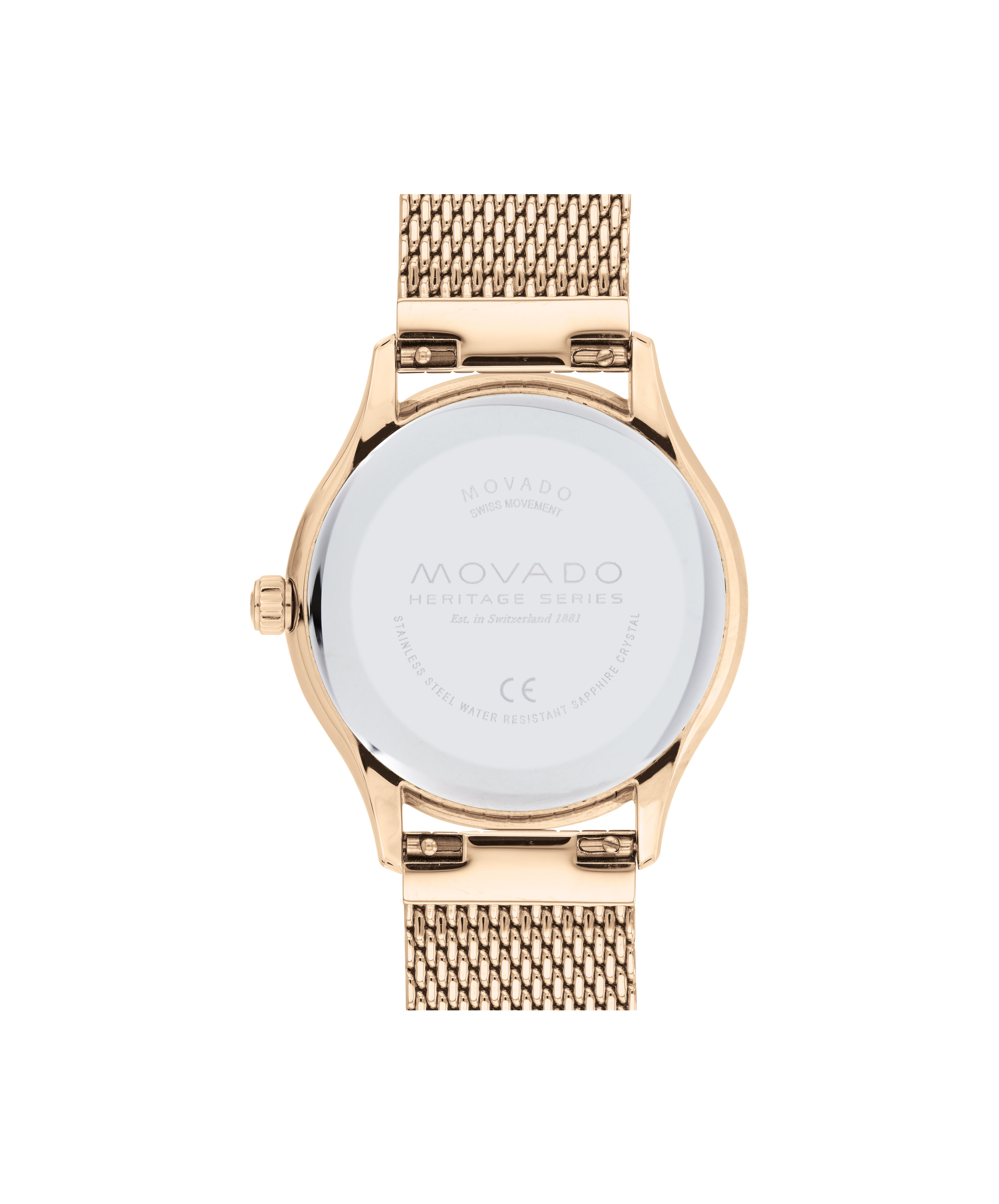 Movado Movado Heritage Series Moon Phase rose gold watch and mesh bracelet with white dial