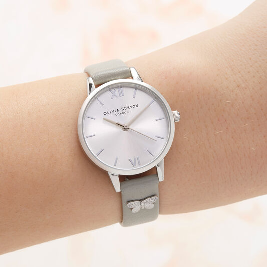 Olivia Burton Embellished Strap Grey & Silver Butterfly Watch