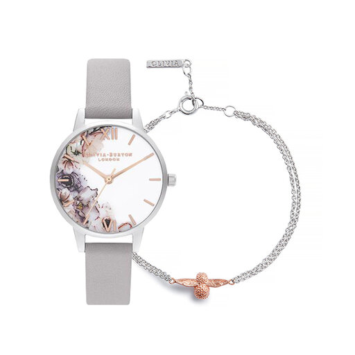 Watercolour Floral Demi Dial Rose Gold & Silver Watch and Bee Silver & Rose Gold Bracelet Gift Set