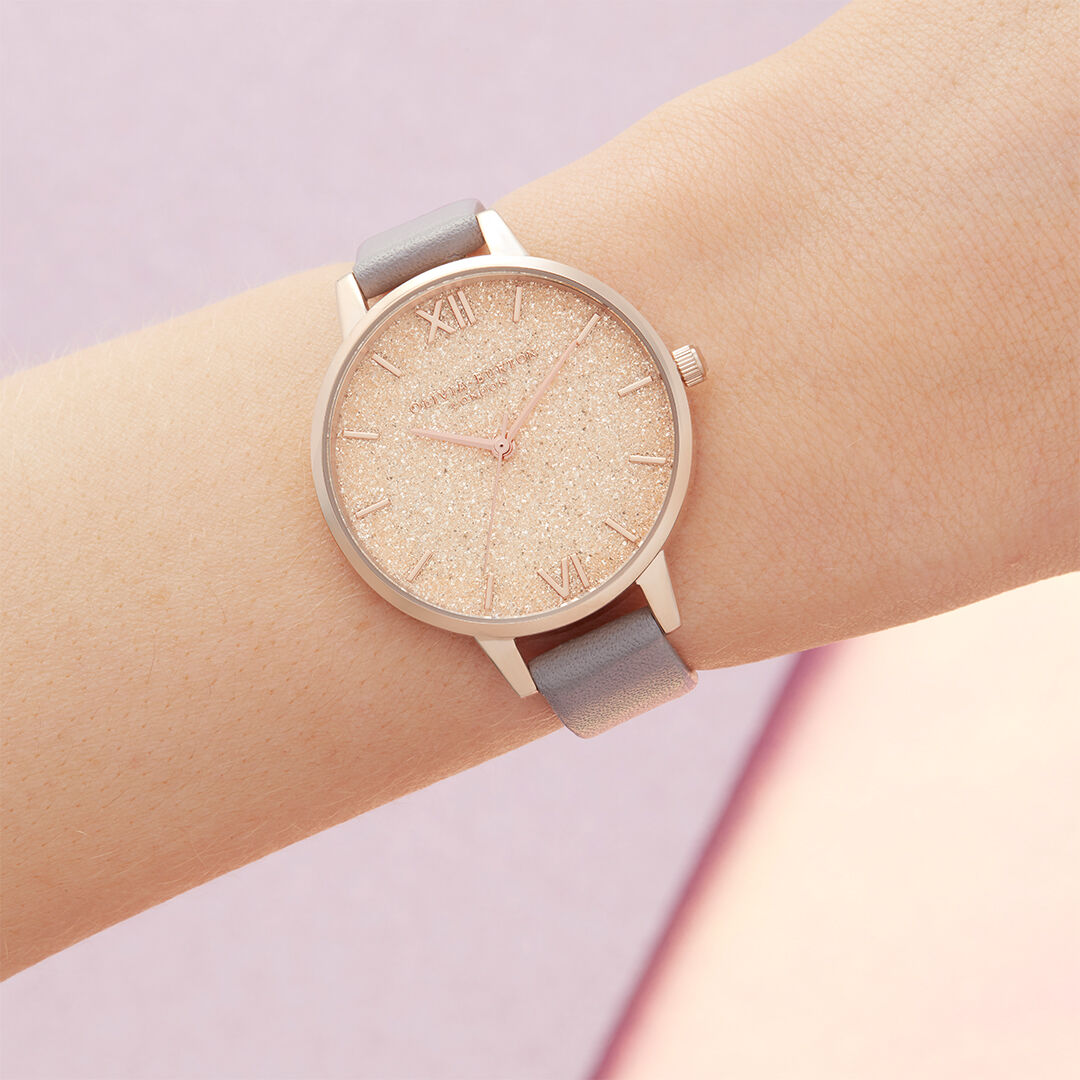 Glitter Dial 34mm Carnation Gold Gray Leather Strap Watch Olivia Burton London