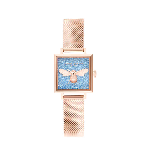 Midi Square Dial Lucky Bee Aqua Glitter & Rose Gold Mesh Watch