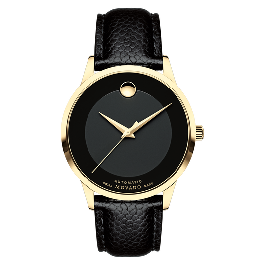 Movado Movado Company Store Movado Collection automatic gold watch with black dial and black strap