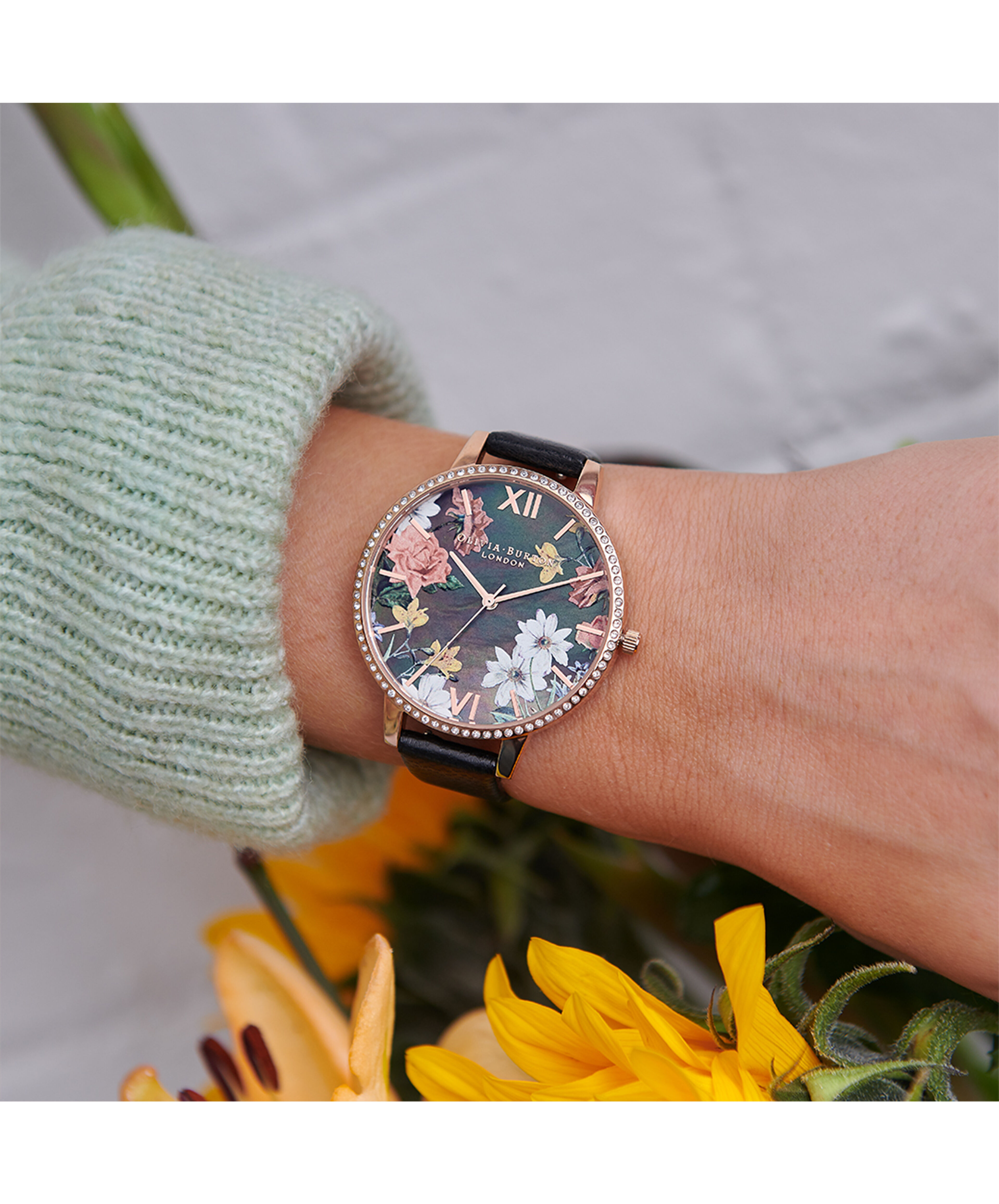 Big Mother Of Pearl Dial Black Rose Gold Watch Olivia Burton London