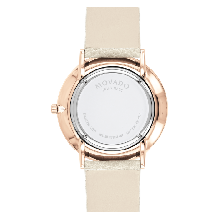 Movado Modern 47 rose gold case with coral dial and light beige leather strap watch