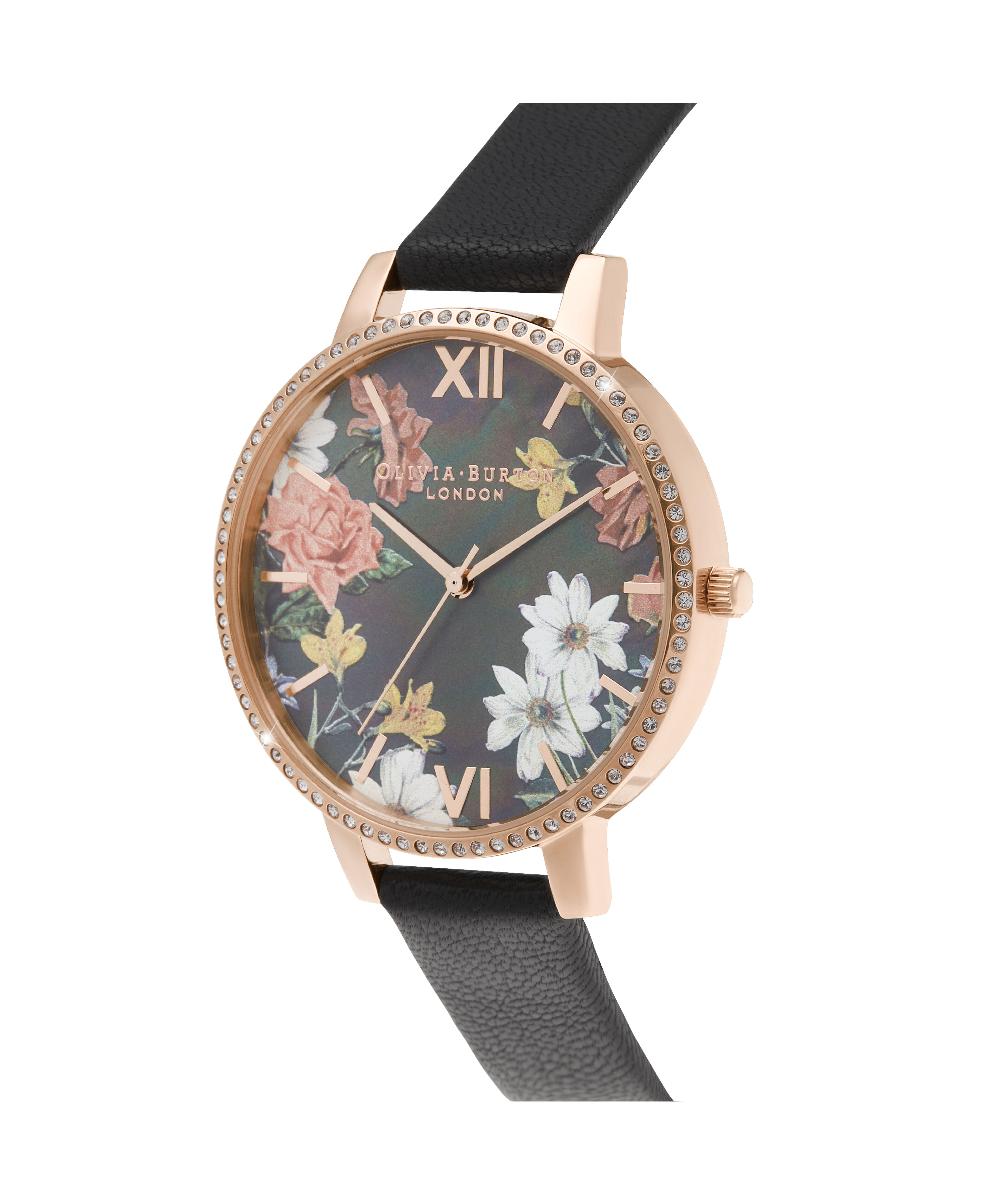 Big Mother Of Pearl Dial Black Rose Gold Watch Olivia Burton London