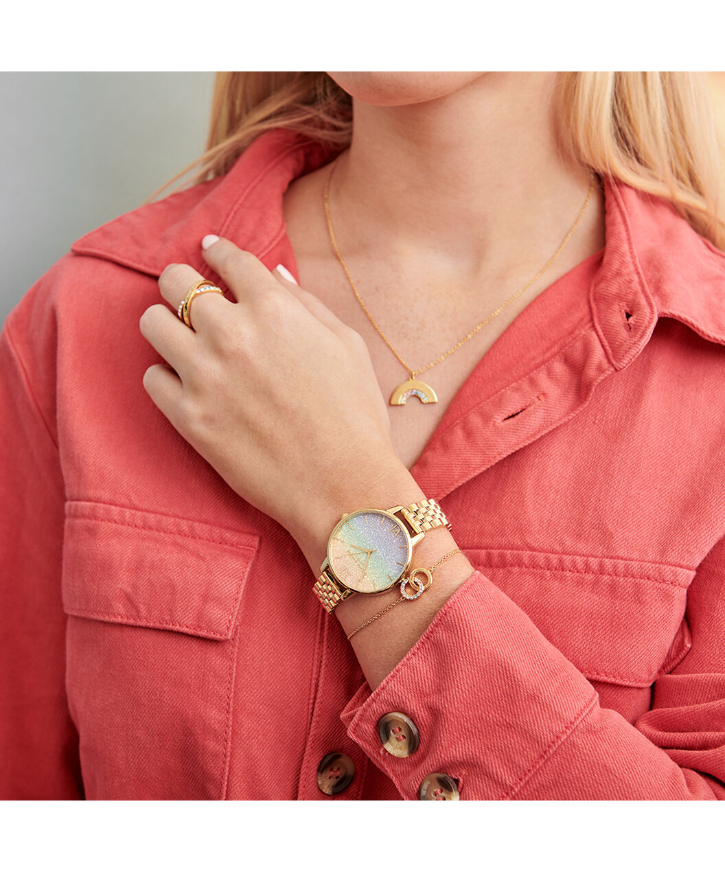 Rainbow Glitter Dial Gold Bracelet Olivia Burton London