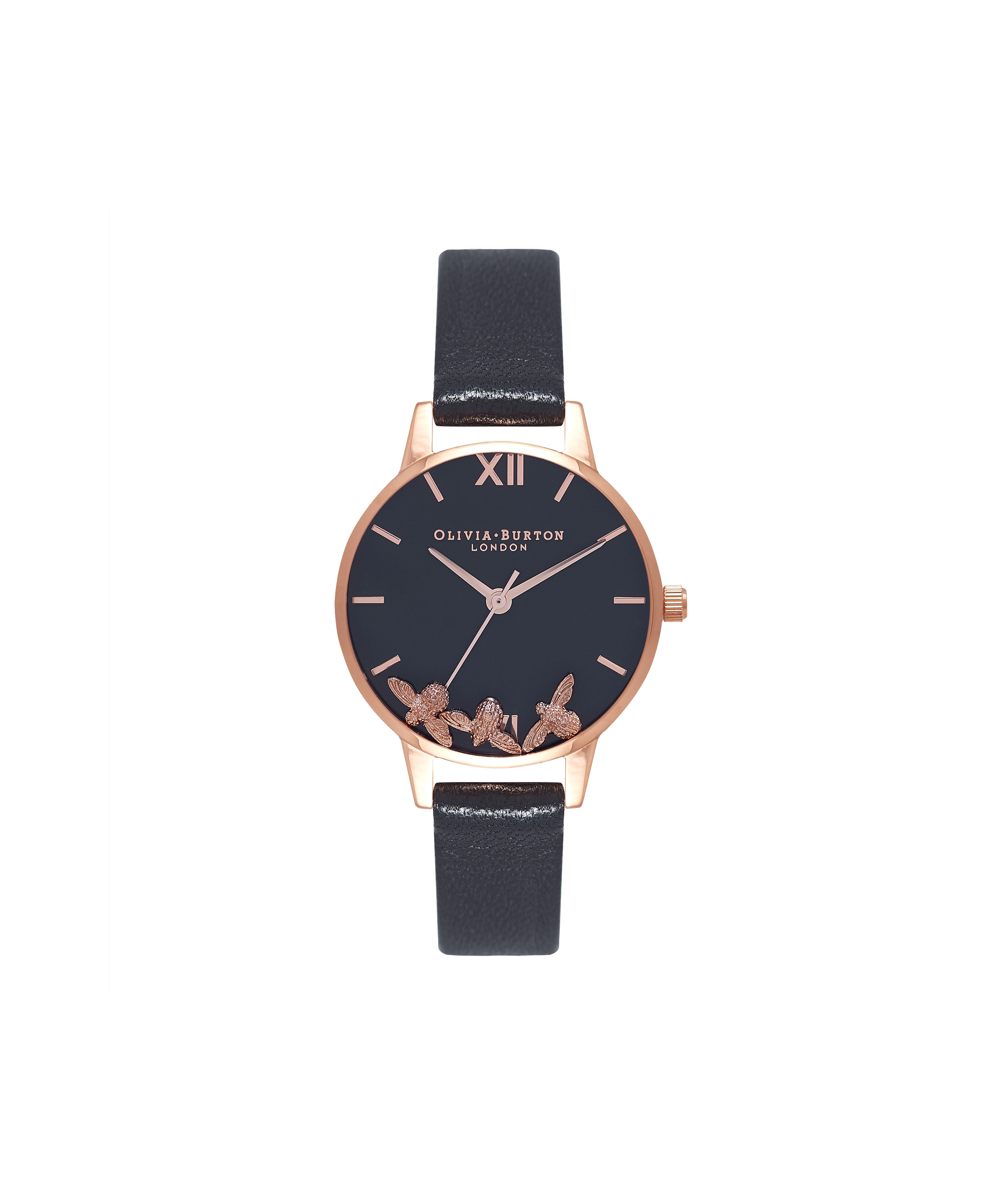 Olivia Burton Movado Company Store Ladies Busy Bee Black Rose Gold Watch