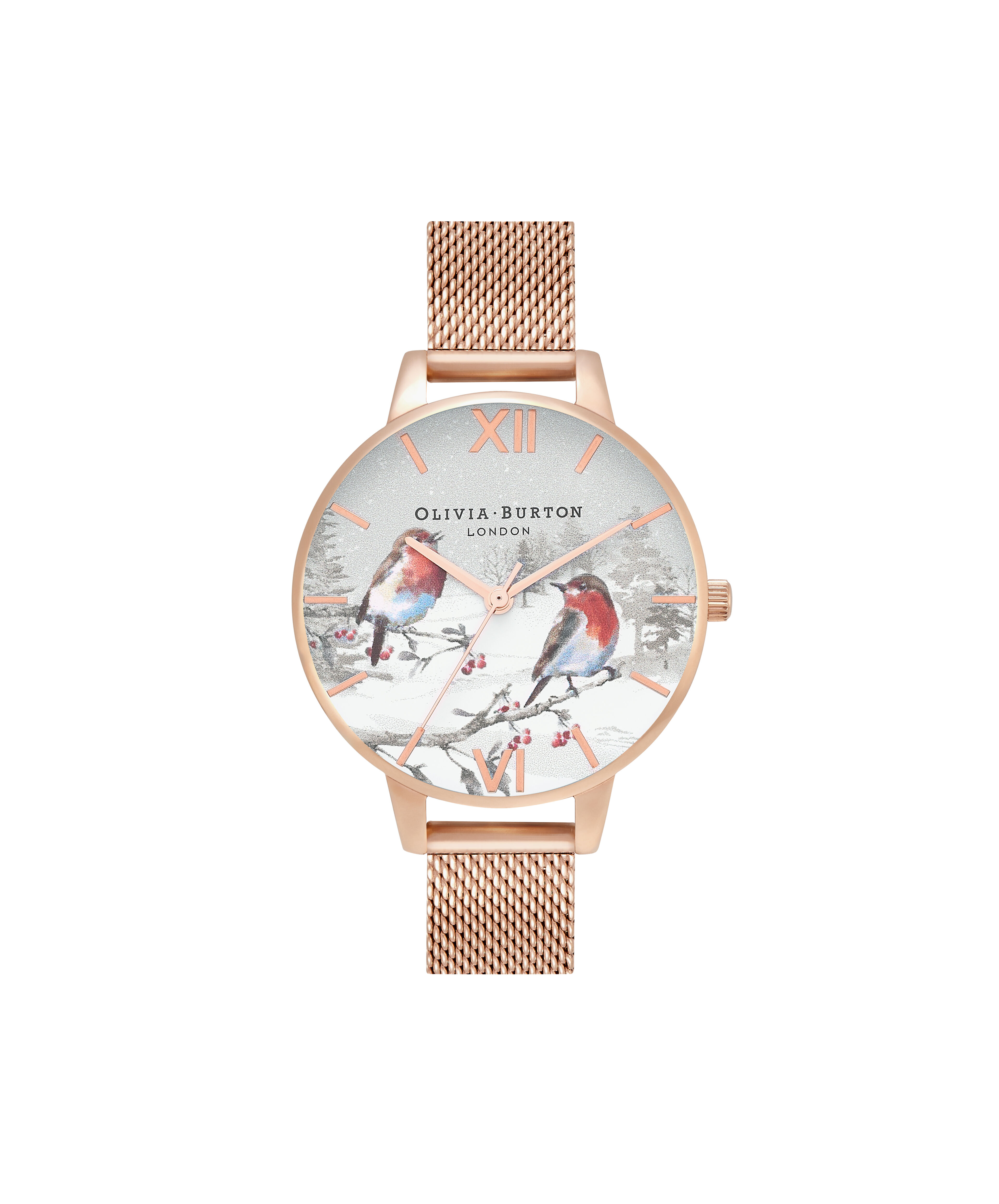 Winter Wonderland 34mm White Rose Gold Mesh Watch Olivia Burton London