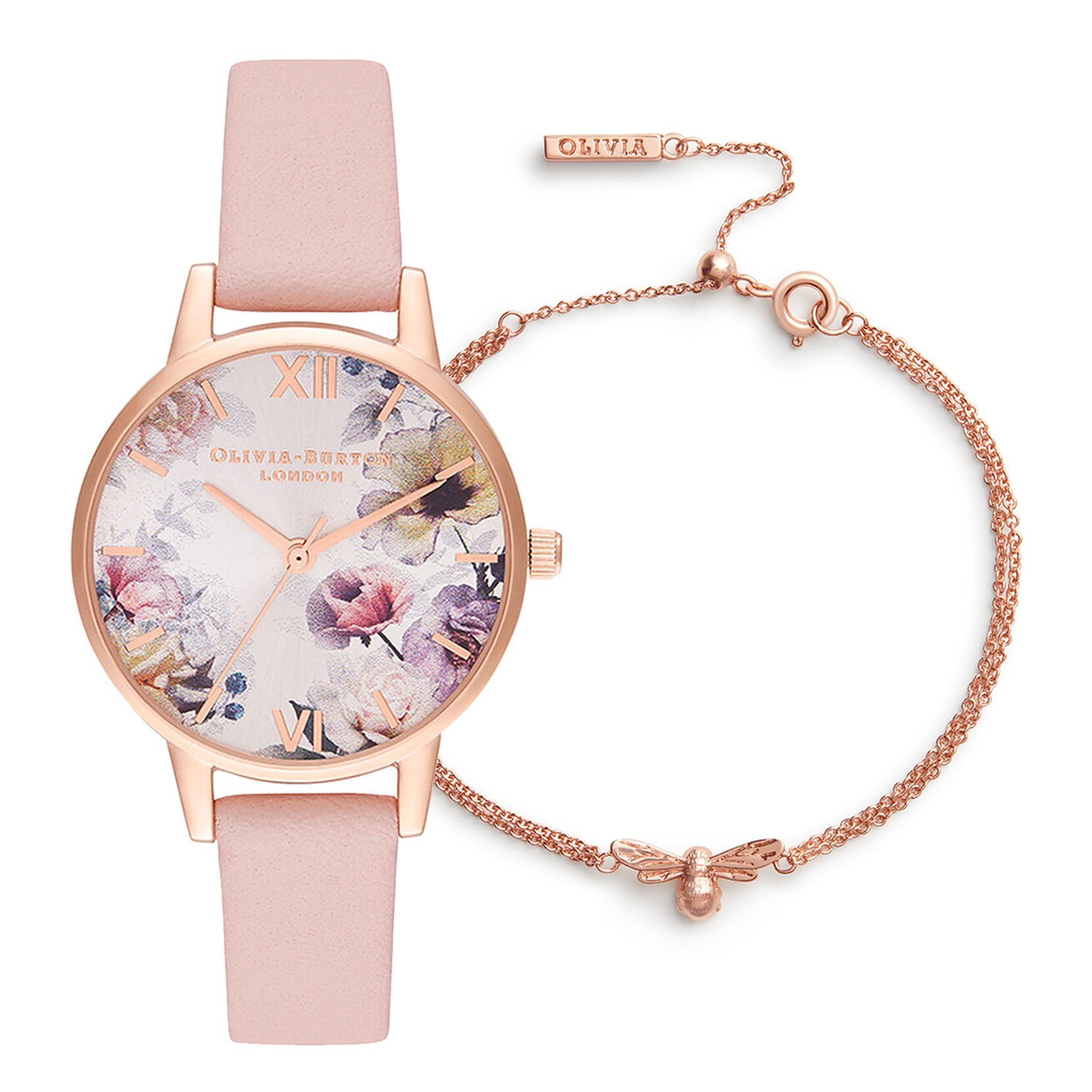 Lucky Bee Midi Sunlight Floral Dusty Pink, Rose Gold Watch & Lucky Bee Chain Bracelet